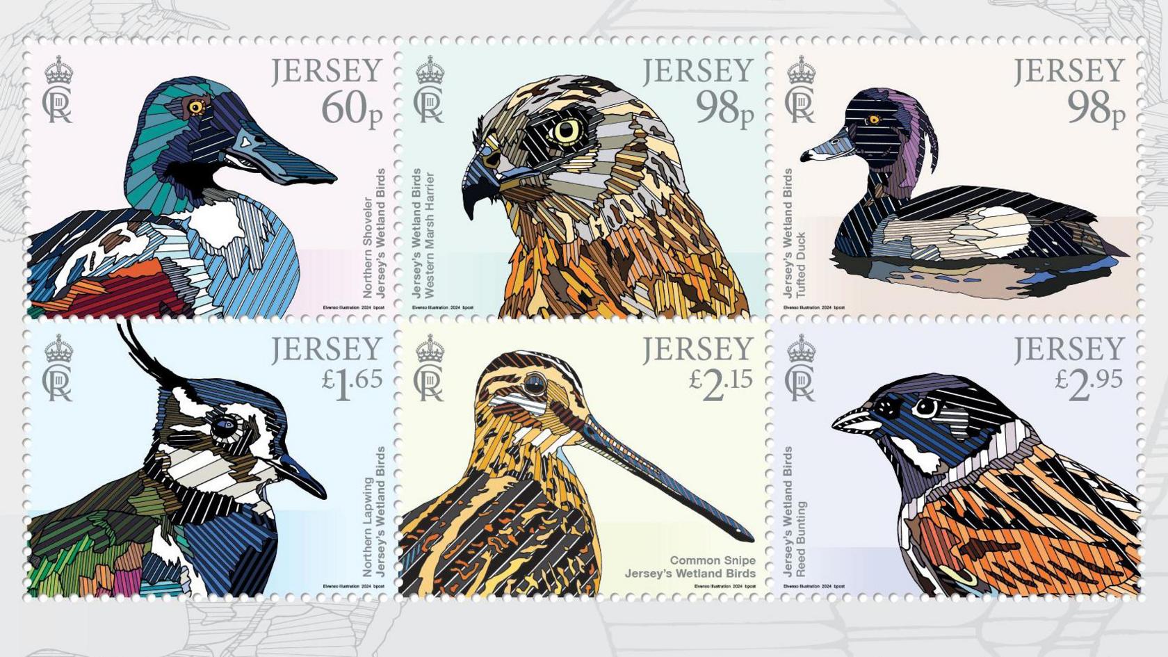 Six stamps featuring various Jersey wetland birds - they are line drawings in bold colours on pastel backgrounds, with different prices