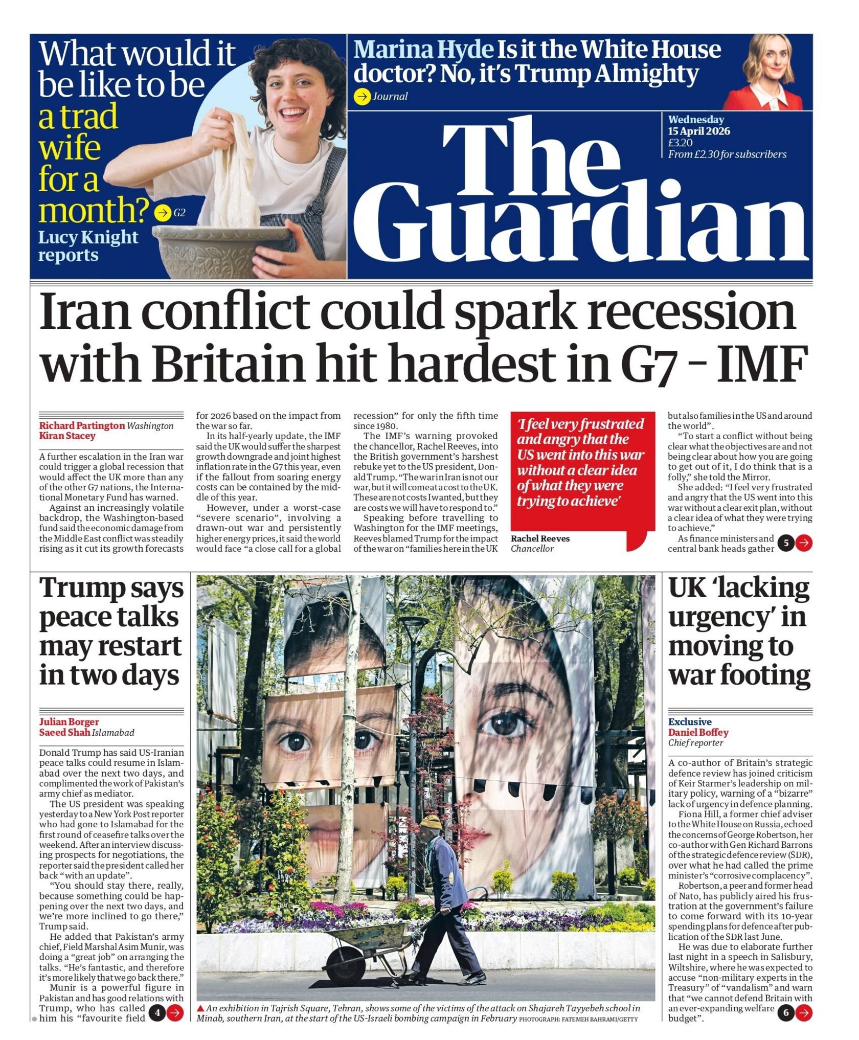 “Konflikti i Iranit mund të shkaktojë recesion, me Britaninë e Madhe që do të goditet më rëndë në G7 – FMN”, thuhet në titullin kryesor të faqes së parë të gazetës Guardian.