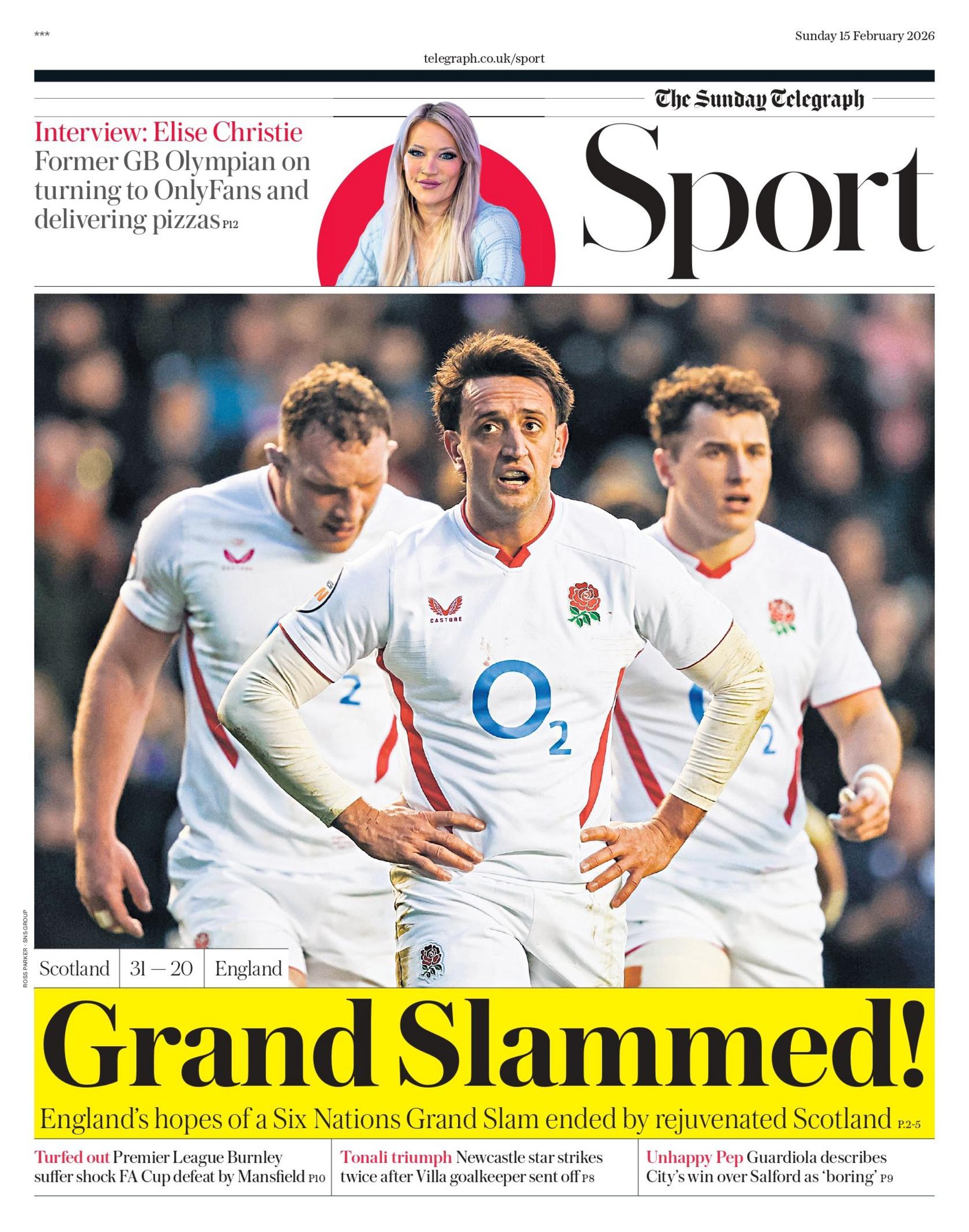 Main page of the Telegraph's Sport section. The main headline is "Grand Slammed!" and refers to England's defeat by Scotland in the Six Nations rugby tournament.