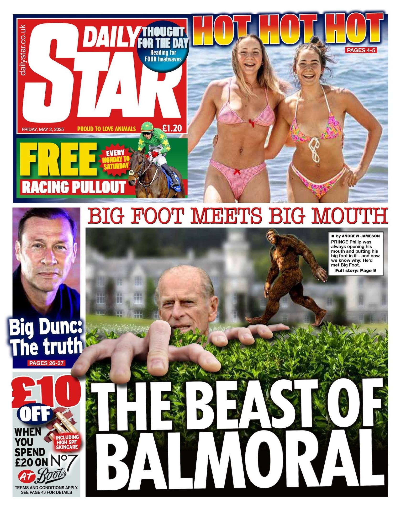 The headline on the front page of the Daily Star reads "the beast of Balmoral".