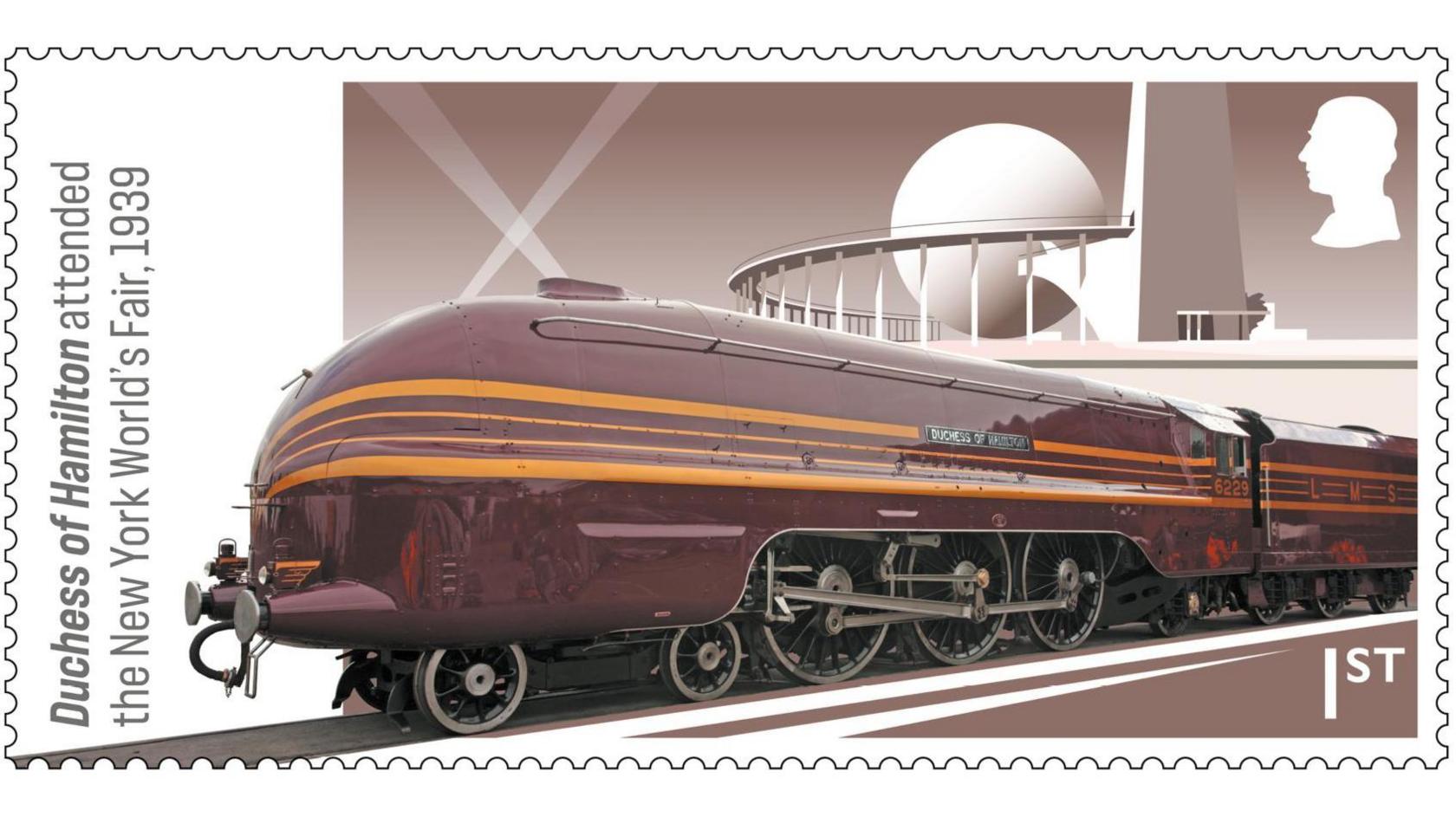 A first-class stamp depicts the maroon and mustard yellow Duchess of Hamilton. Text on the stamp reads: "Duchess of Hamilton attended the New York World's Fair, 1939."
