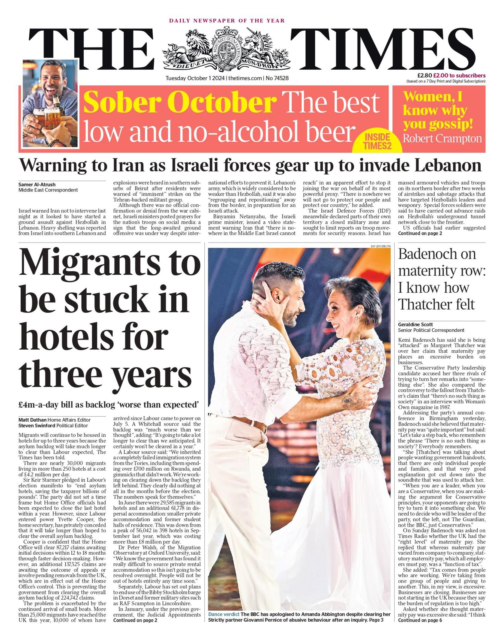 The Times front page for 1 October 
