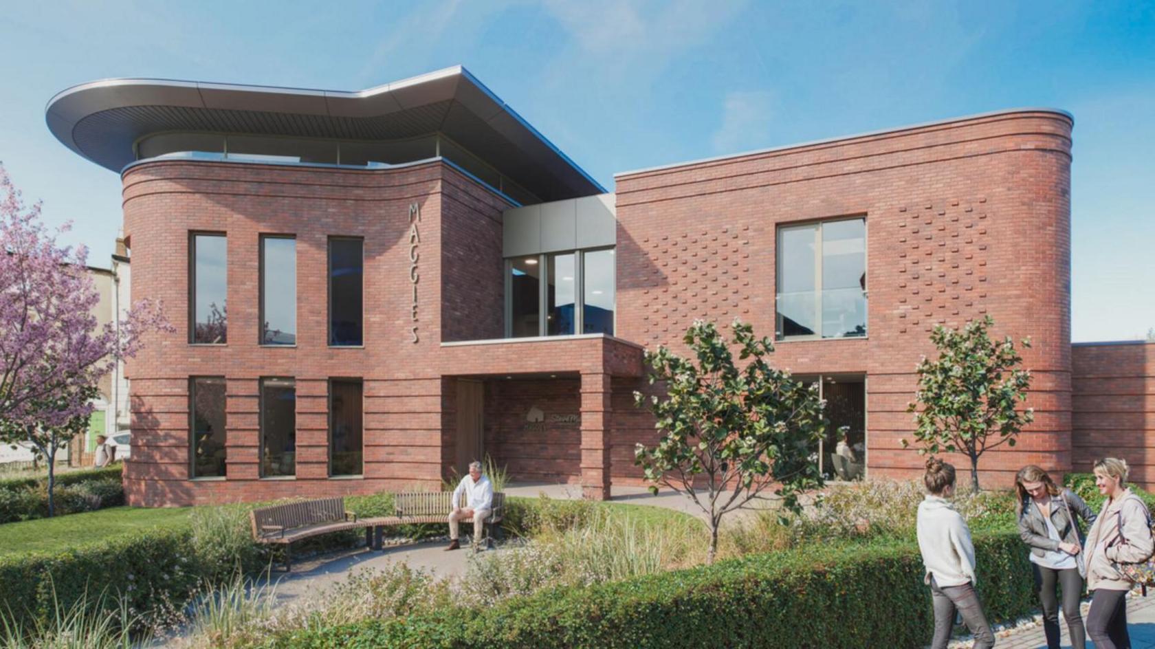 An artist's impression of a modern brown brick two-storey building with a garden area to the front with benches