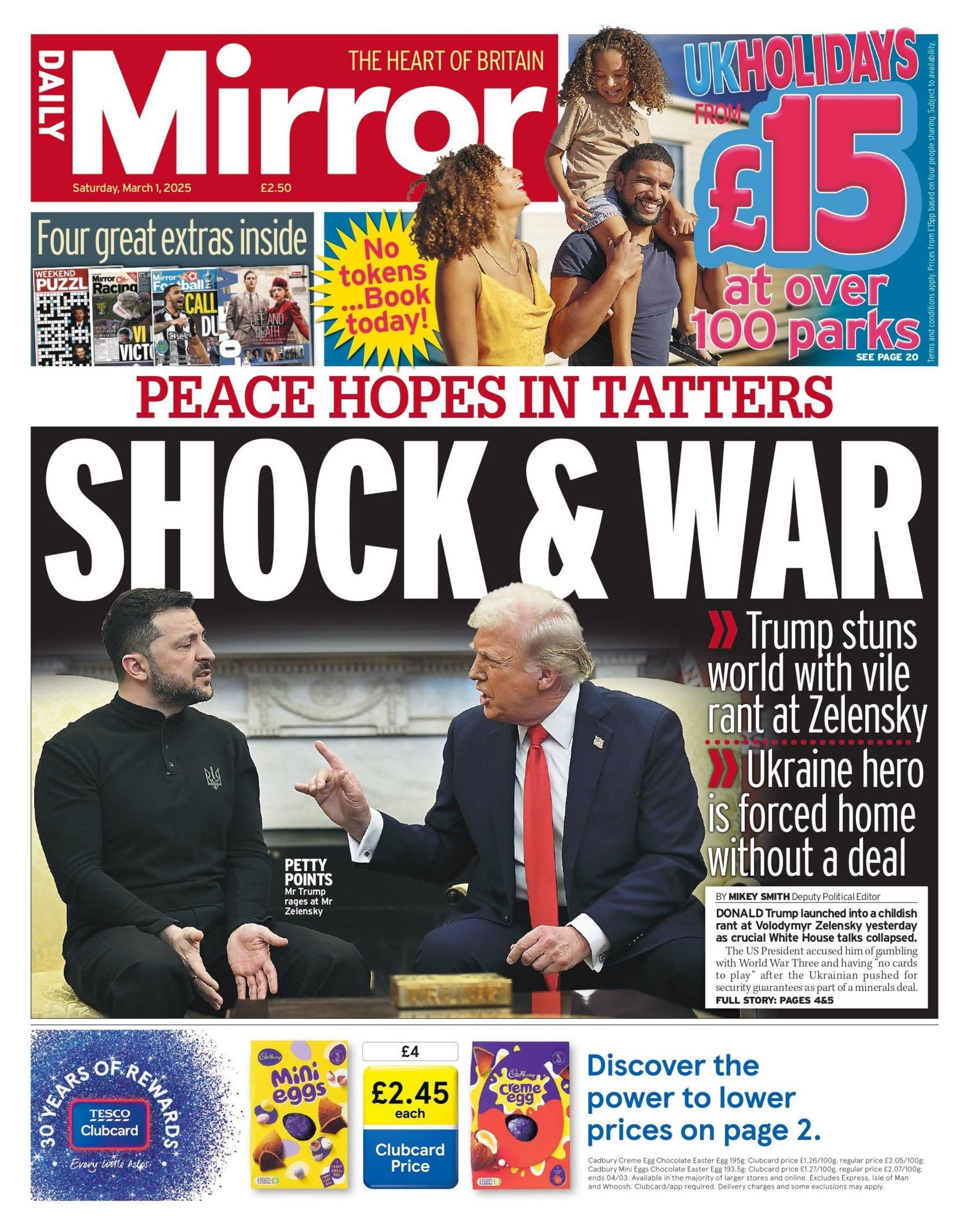 The headline on the front page of the Daily Mirror reads: "Shock and War"