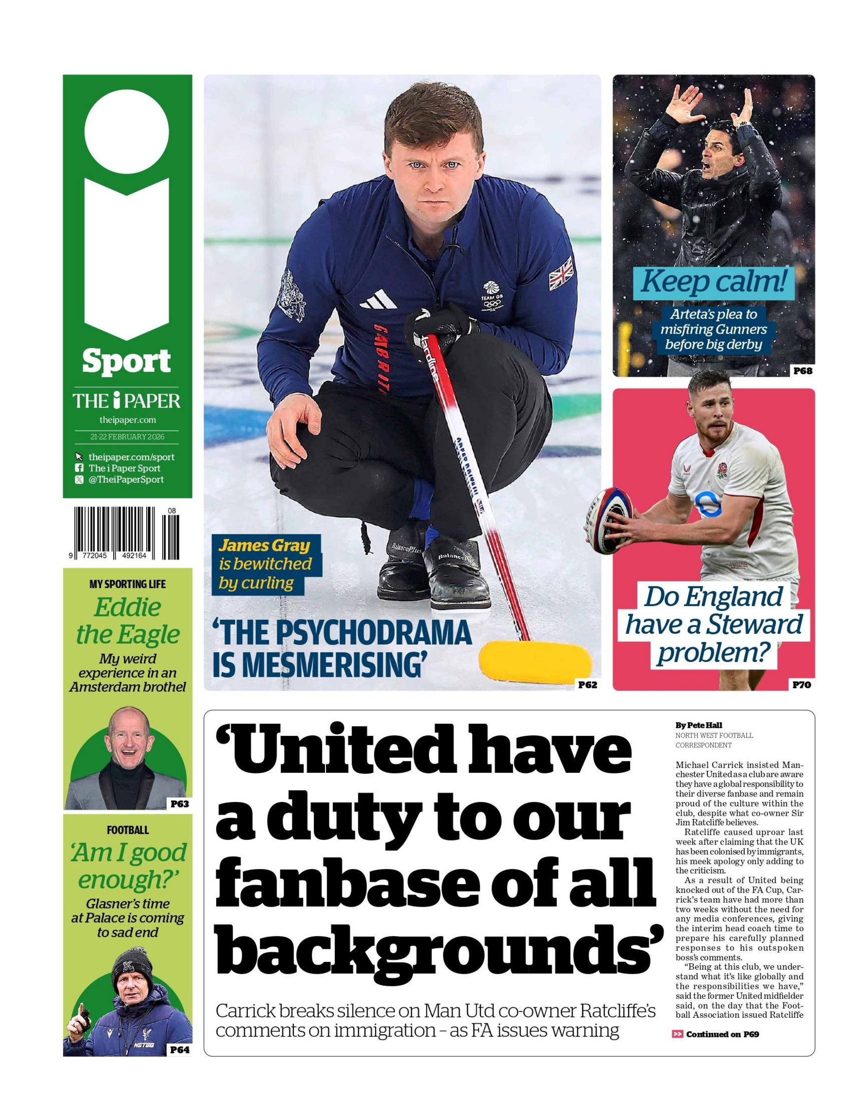 Backpage of the i with the headline "United have a duty to our fanbase of all backgrounds". Its other main story is about Great Britain's Olympic curlers.