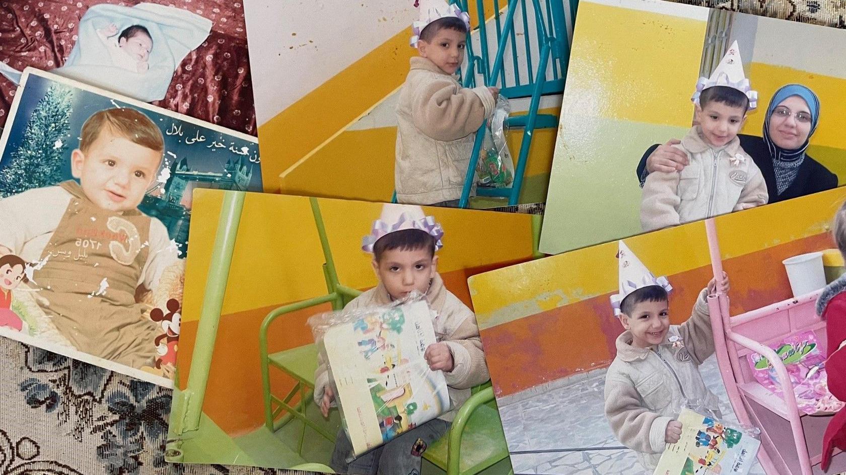 Several photos of Bilal as a baby, a toddler, and as a young child wearing a party hat