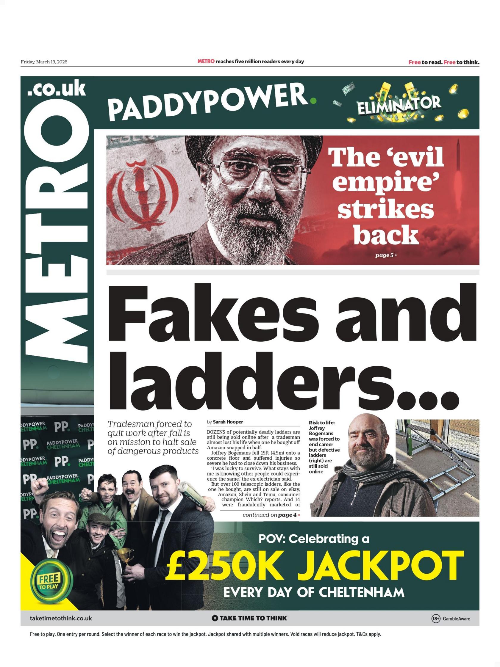 "Falsifikime dhe shkallë", shkruhet në titullin kryesor të faqes së parë të Metro-s.