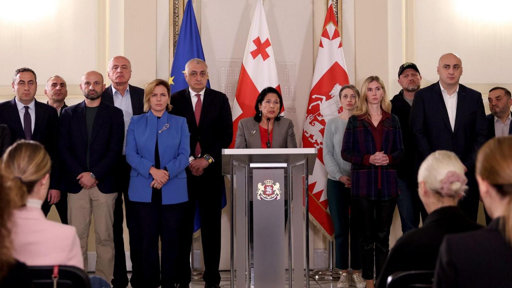 Georgia's President Salome Zourabichvili, surrounded by opposition politicians, described the election as a "Russian special operation"