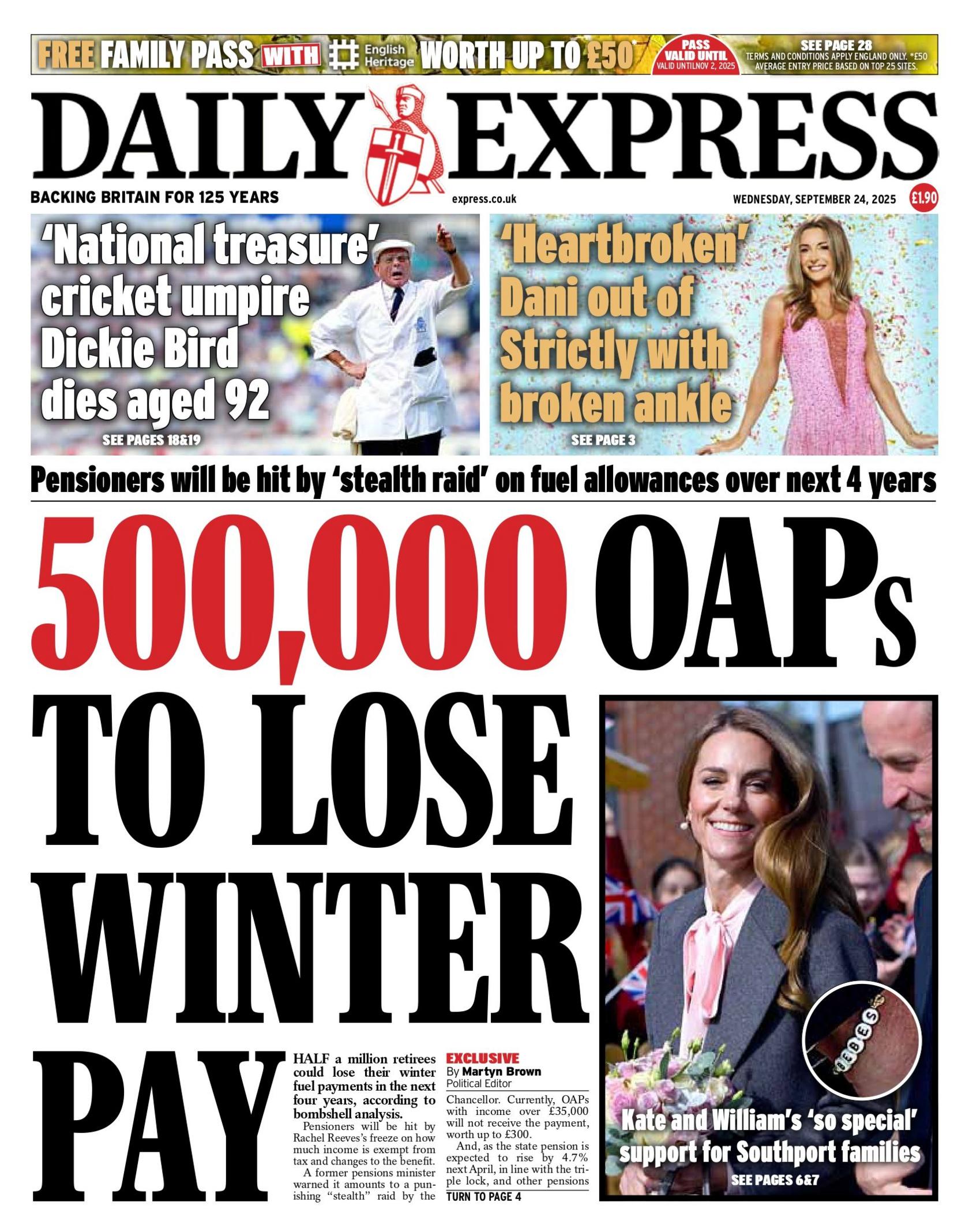 "500,000 OAPs to lose winter pay" reads the headline on the front page of the Daily Express.