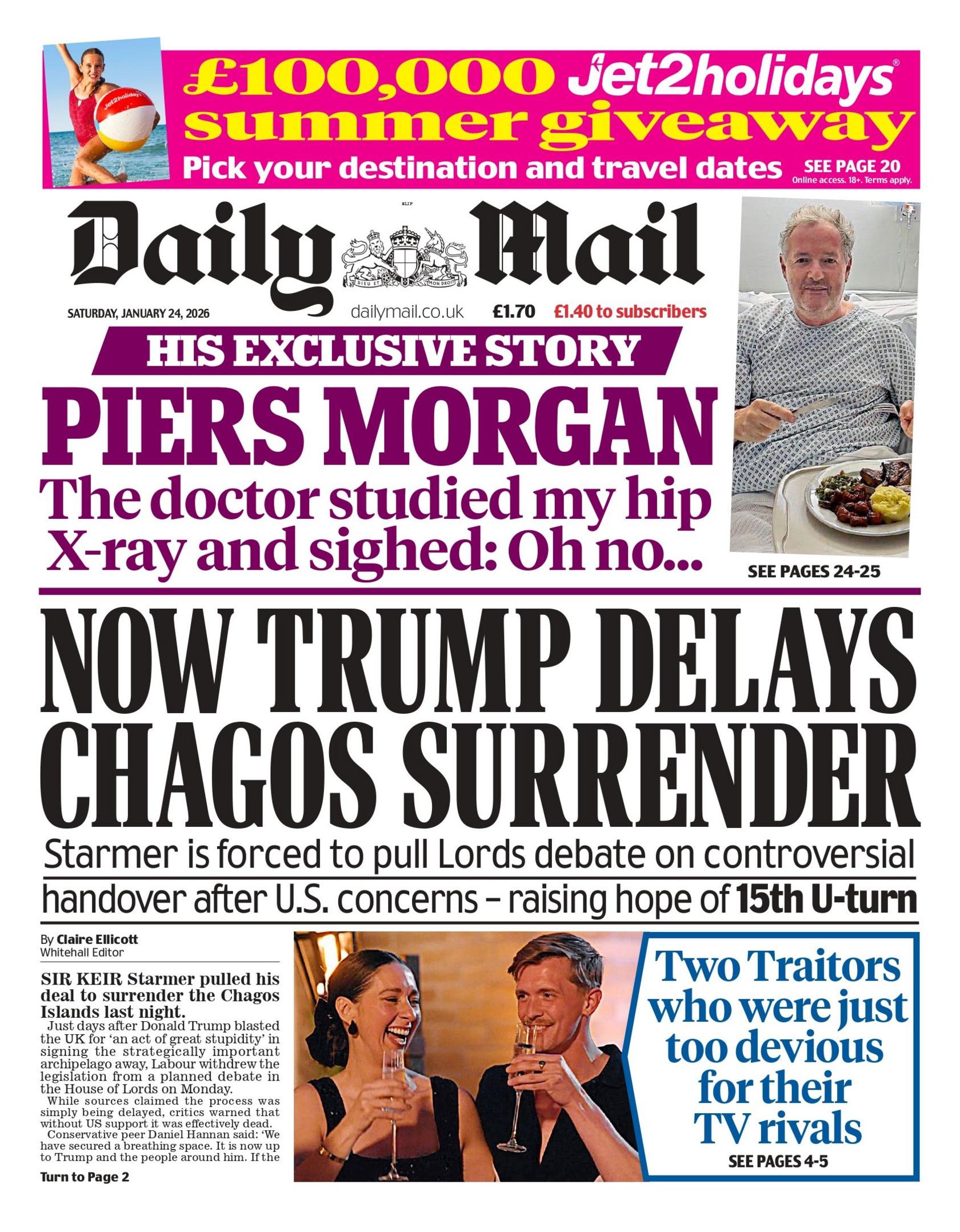 "Tani Trump shtyn dorëzimin e Chagos", shkruhet në titullin kryesor të faqes së parë të Daily Mail.