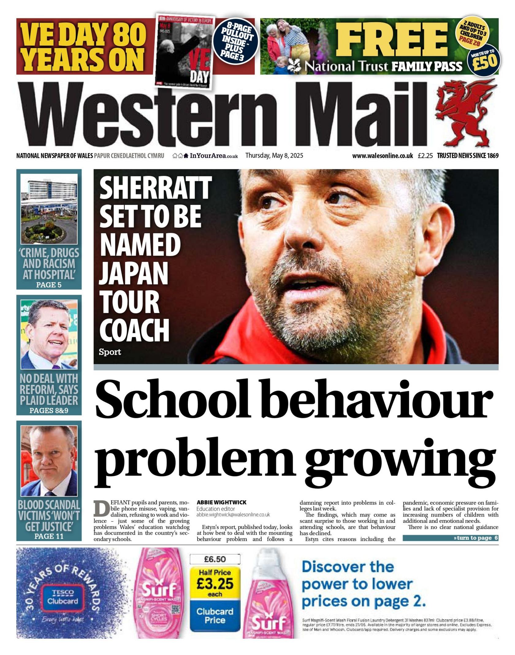 Western Mail front page, with a main headline reading "School behaviour problem growing". It also has a picture of rugby coach Matt Sherratt, with the headline "Sherratt set to be named Japan tour coach" 