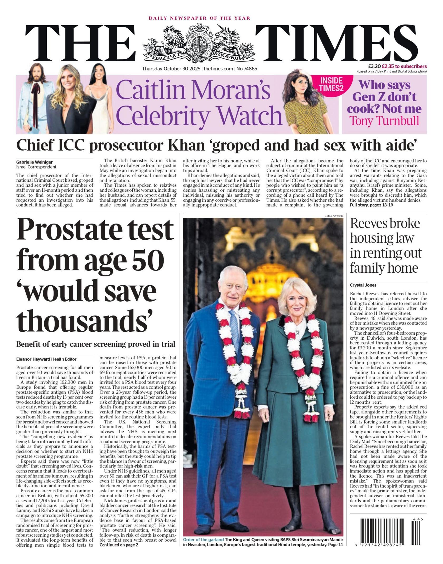 "Prostate test from age 50 'would save thousands'," reads the headline on the front page of The Times.