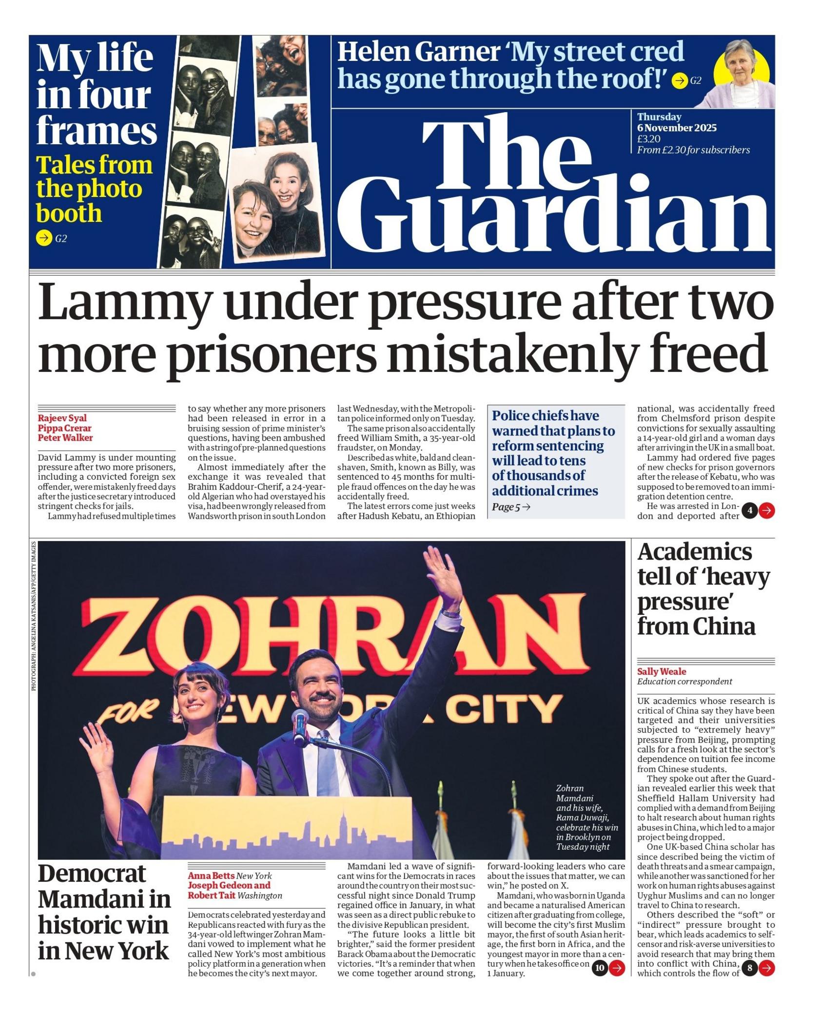 The headline on the front page of the Guardian reads: "Lammy under pressure after two more prisoners mistakenly freed".