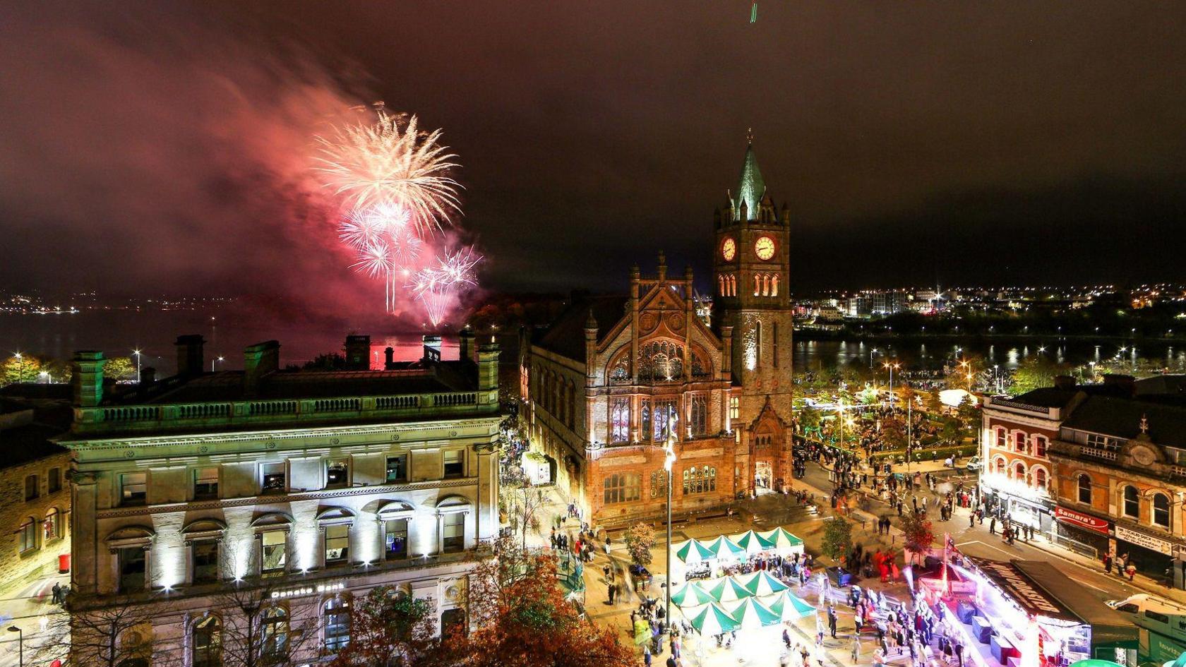 fireworks over Derry's Guildhall