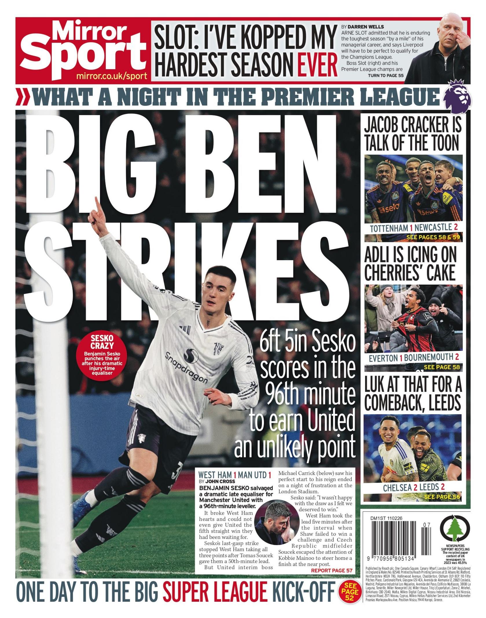 Back page of the Mirror, reading "Big Ben strikes - 6ft 5in Sesko scores in the 96th minute to earn United an unlikely point".