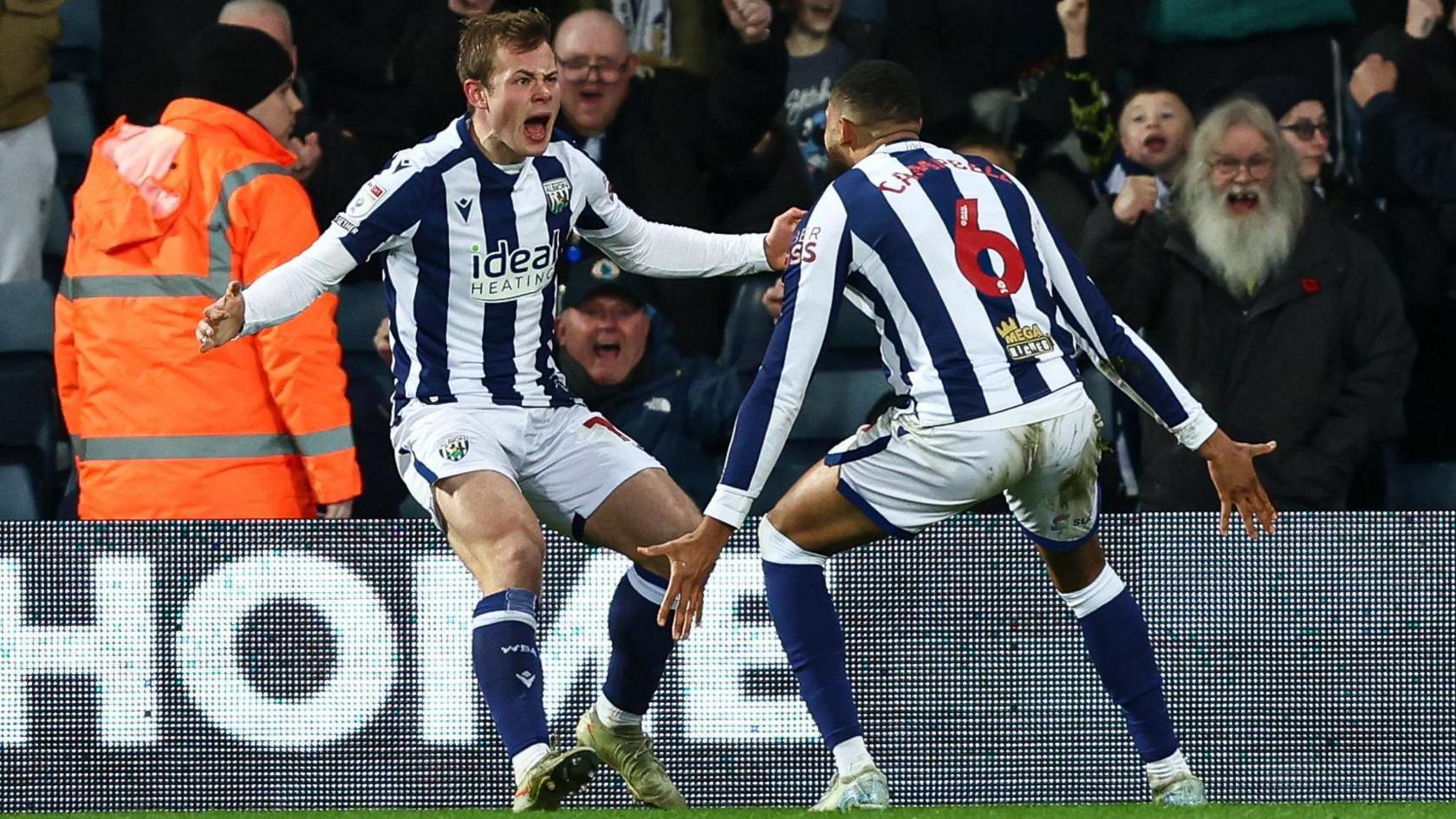 West Bromwich Albion's Aune Heggebo (left) and George Campbell celebrate the former's goal against Sheffield United