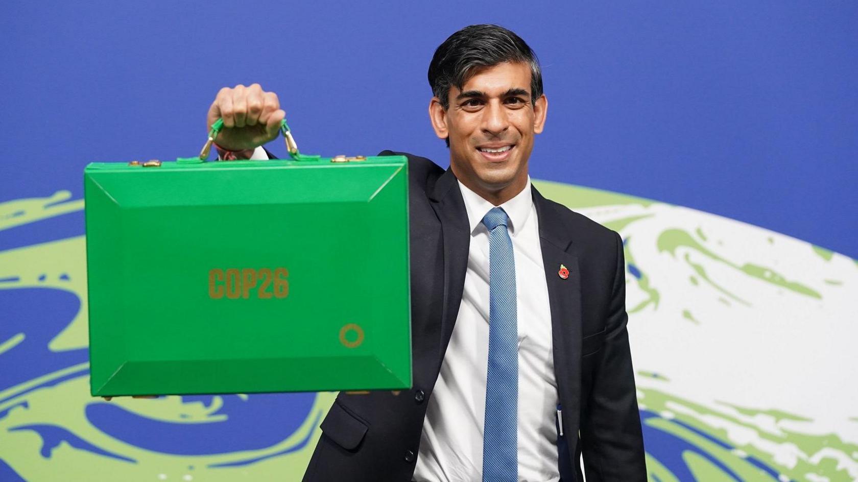 Rishi Sunak holds up a green briefcase which reads COP26 in front of a globe