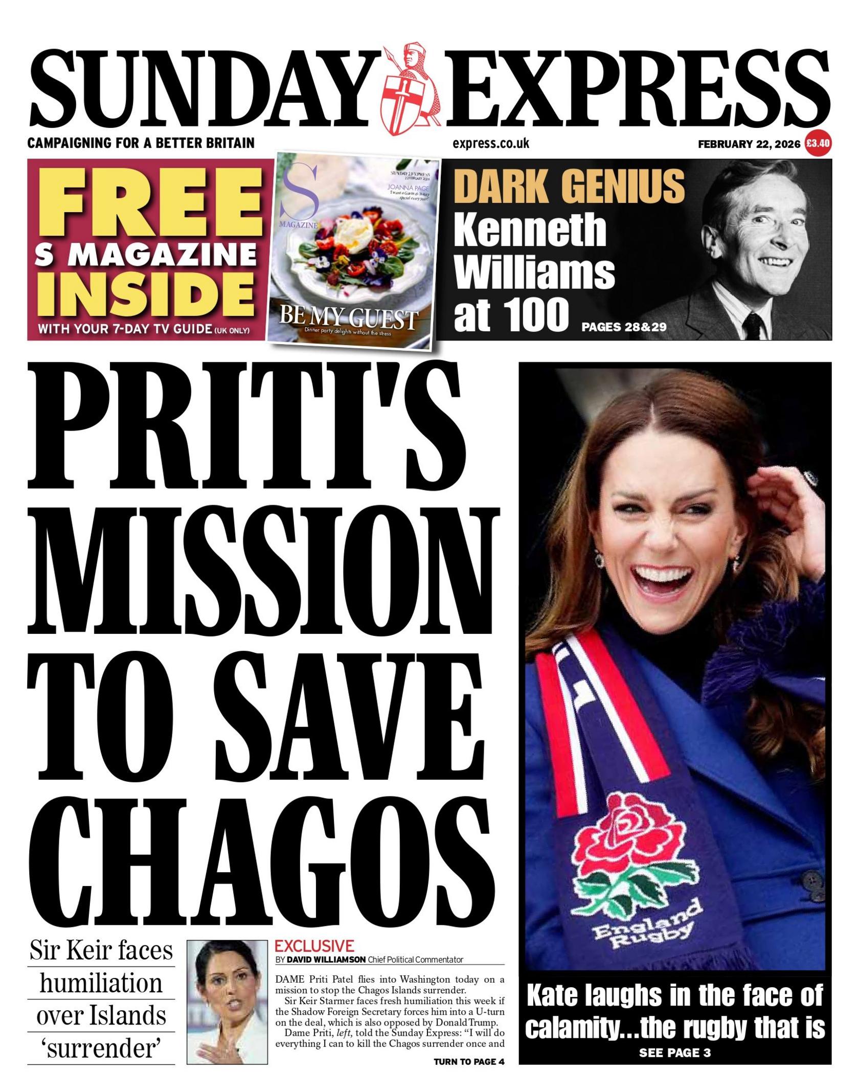 "Priti's mission to save Chagos", reads the headline on the front page of the Sunday Express.