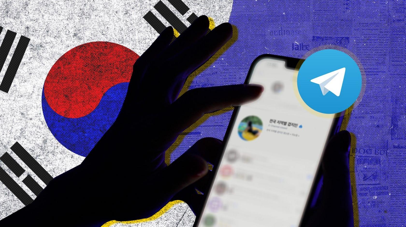 A hand in front of the Korean flag uses the app Telegram on a phone