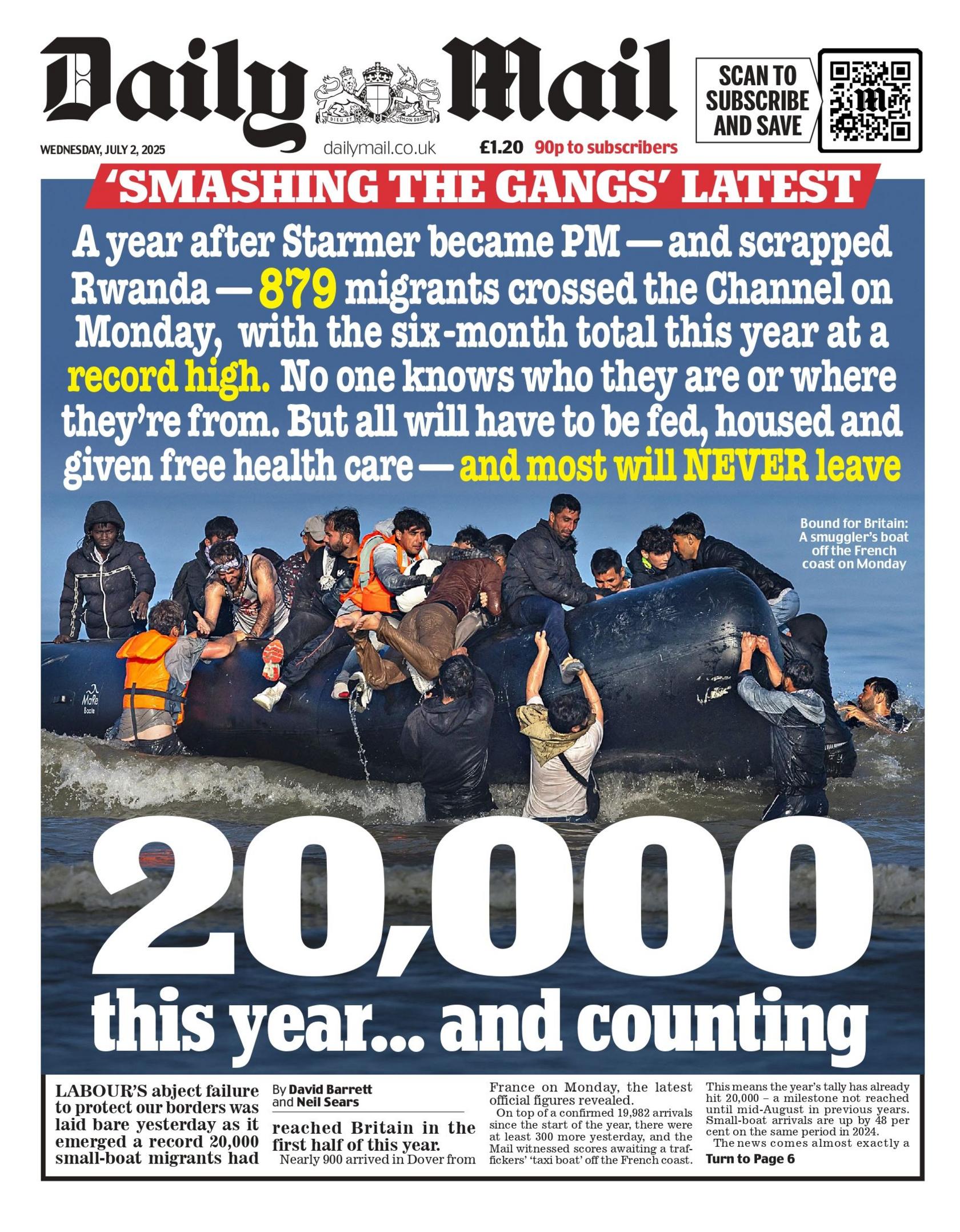 "20,000 this year... and counting" reads the headline on the front page of the Daily Mail.