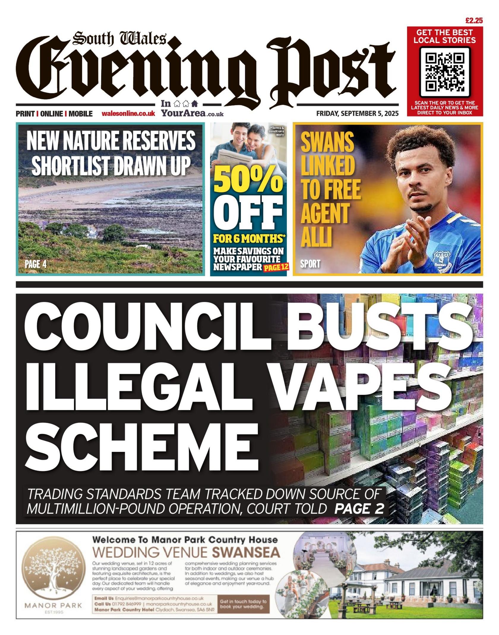 The centre of the page has an image of vapes stock on shelves with bold texts saying 'council busts illegal vapes scheme' and two images above it with texts that read (left to right) 'next nature reserves shortlist drawn up', with a photo of a nature reserve, and 'swans linked to free agent alli', with a photo of a man with a blue t-shirt.