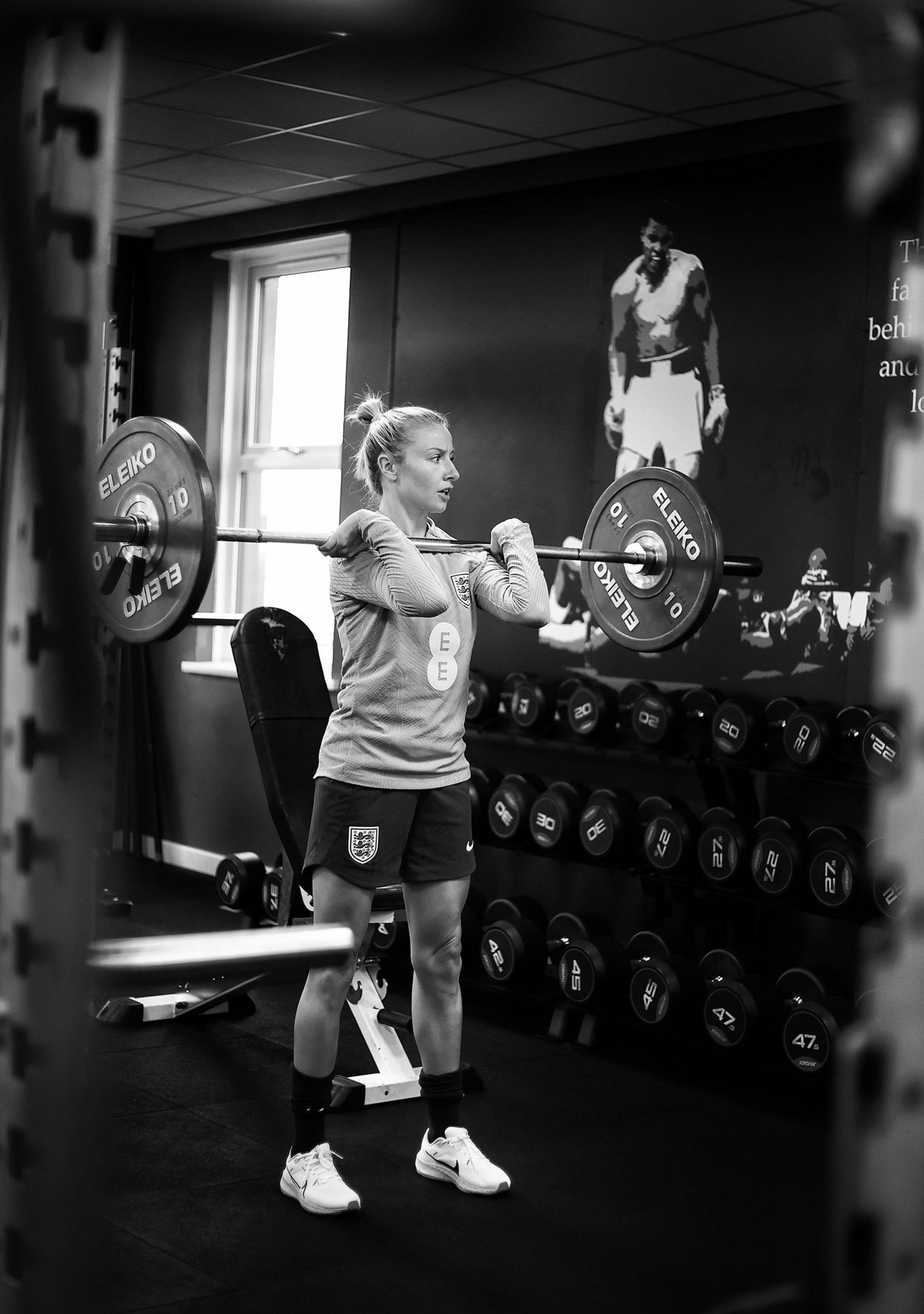 Leah Williamson of England during a gym session at Shirecliffe Training Ground in Sheffield, England.