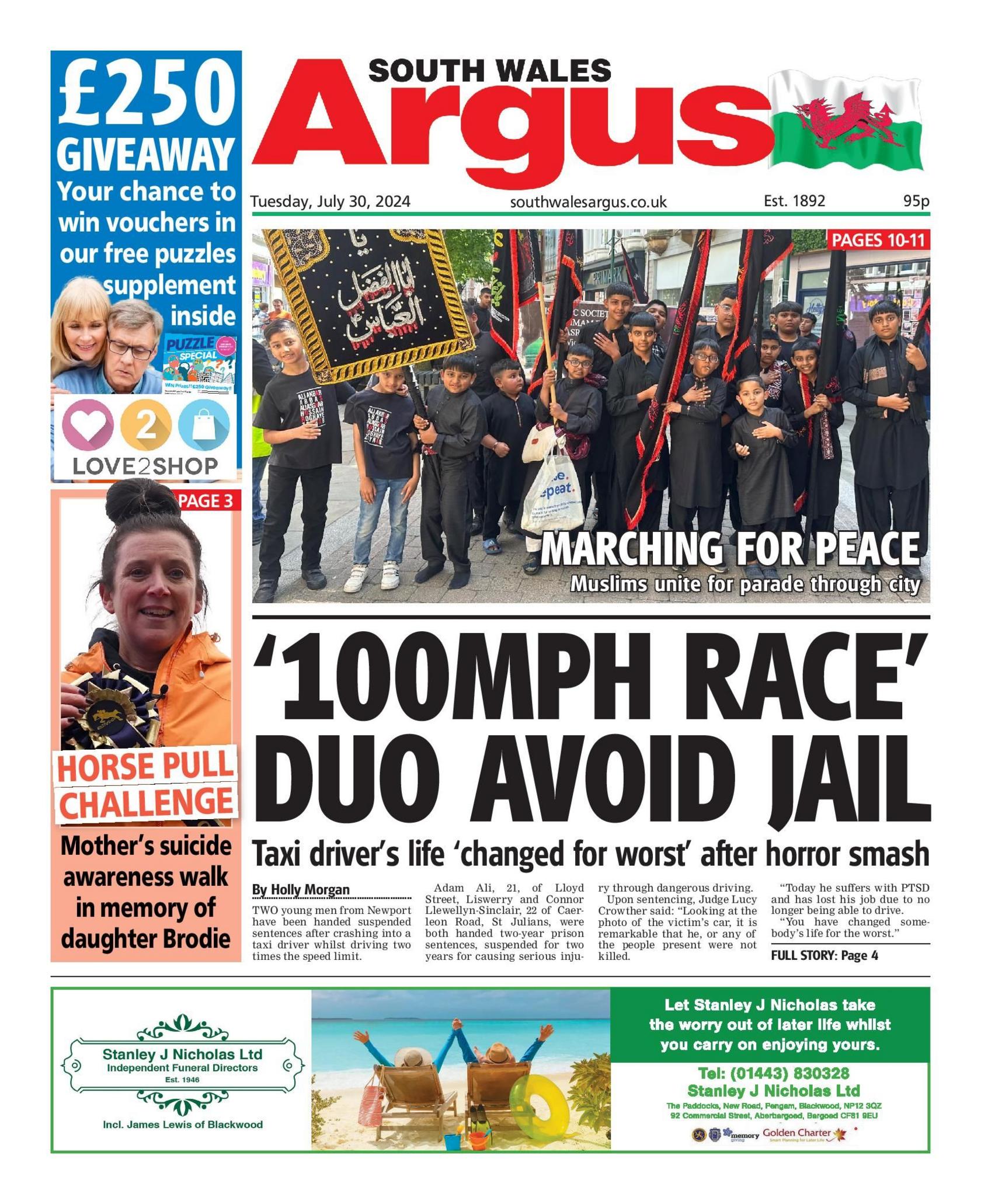 Front page of the South Wales Argus