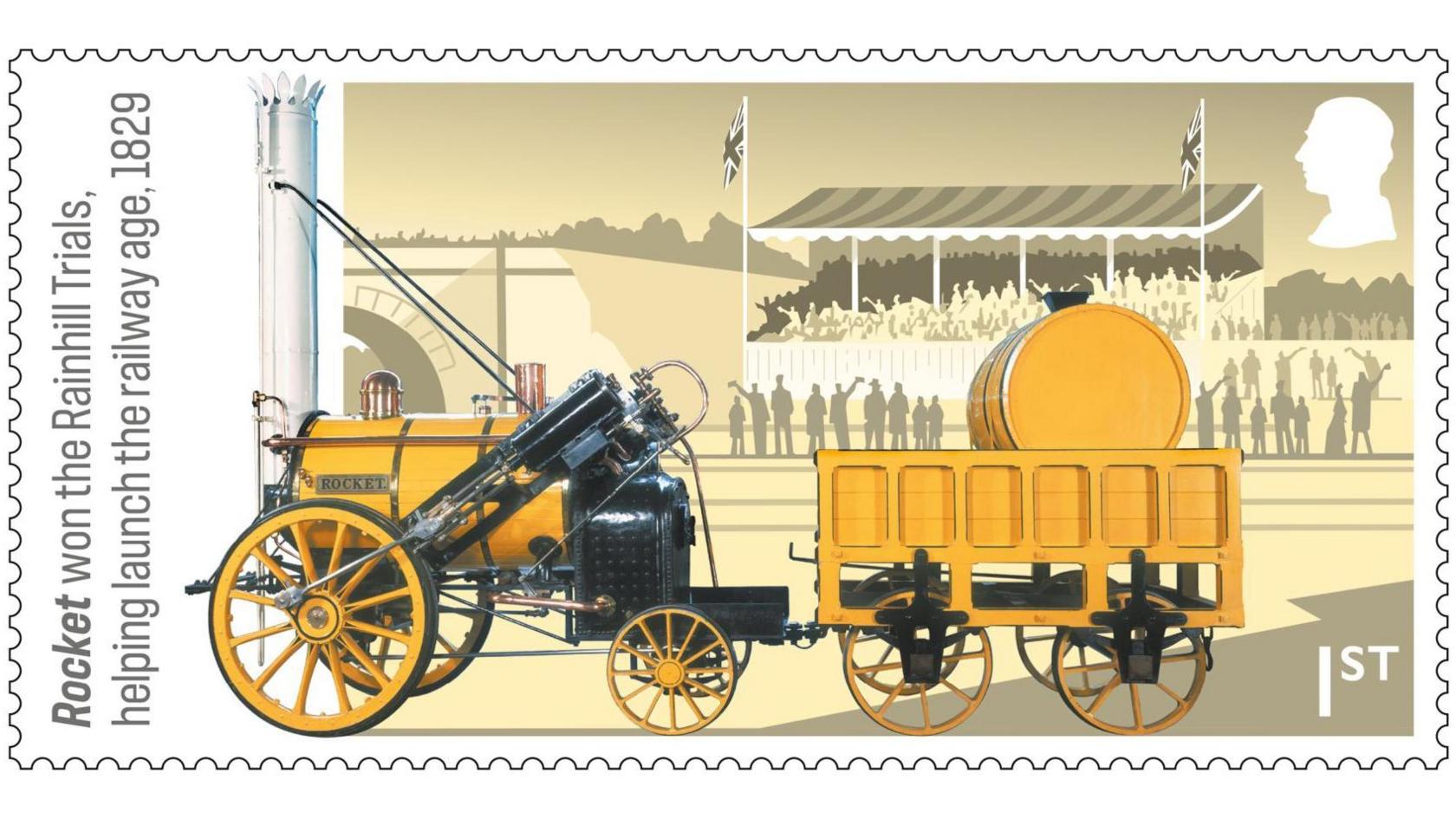 A first-class stamp depicting the yellow rocket pulling a wagon. There are silhouettes of people waving it off in the background. Text on the stamp reads: "Rocket won the Rainhill Trials, helping launch the railway age, 1829."