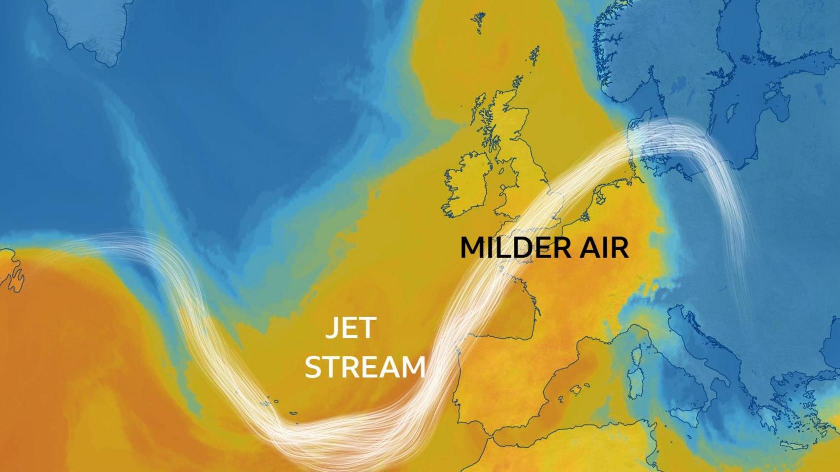 Map of UK, Europe and North Atlantic showing orange colours of milder air that has pushed across western Europe