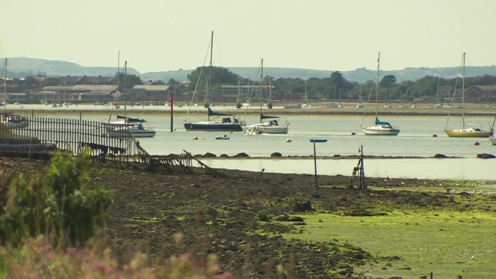 Waters edge with a number of sailing boats at anchor on the water.  It is a sunny day.