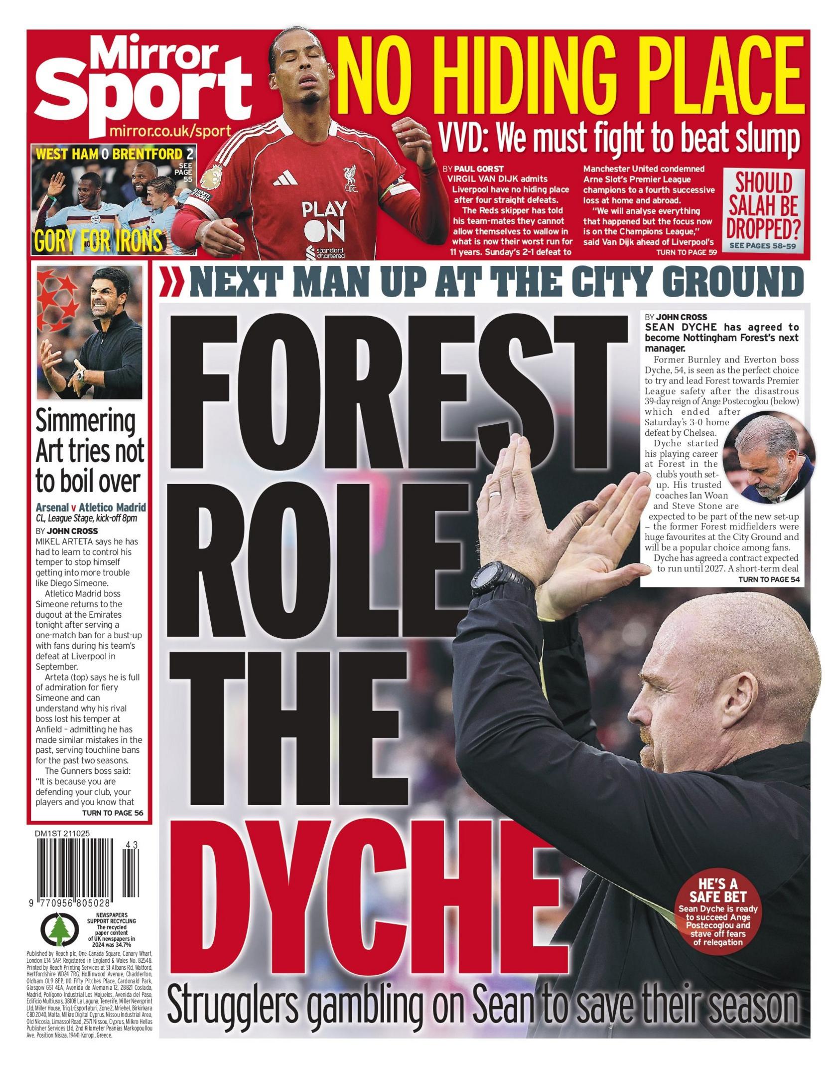 Daily Mirror back page on Tuesday