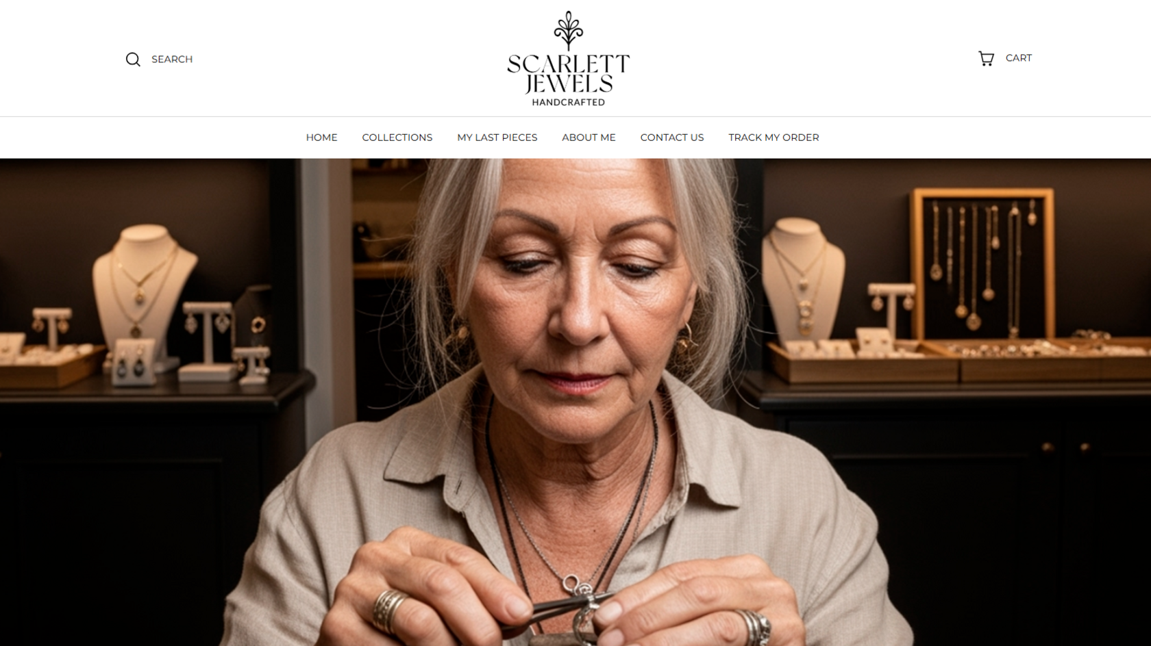 A website screenshot, with a logo that says Scarlett Jewels at the top. Underneath the white top banner is a large image of a woman tinkering with jewellery, which appears slightly too perfect and was probably made using AI.