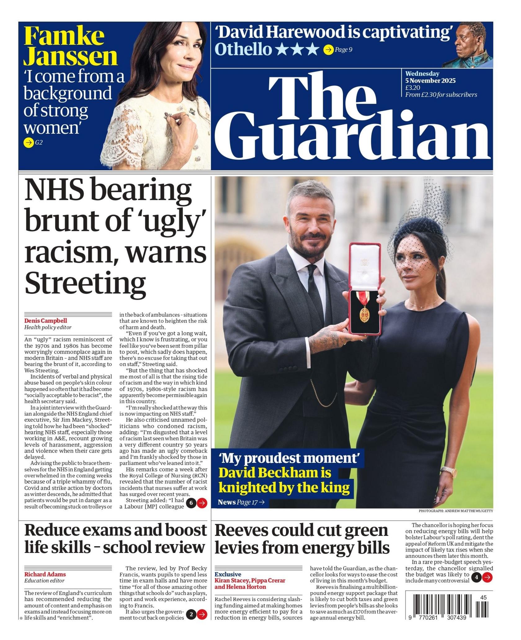 The headline on the front page of the Guardian reads: "NHS bearing brunt of 'ugly' racism, warns Streeting".