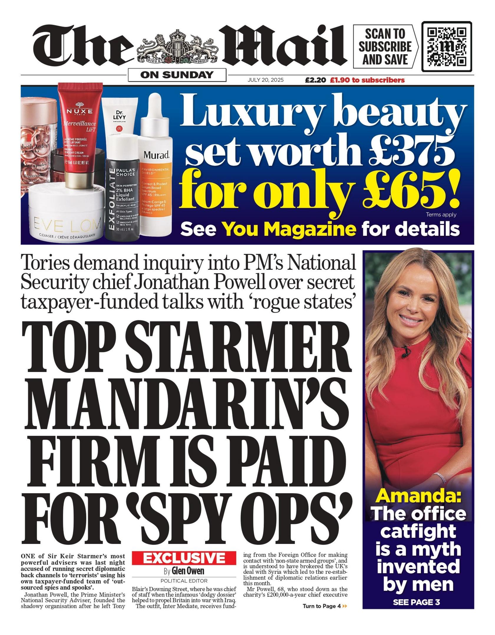 "Top Starmer mandarin's firm is paid for 'spy ops" reads the headline on the front page of The Mail on Sunday.