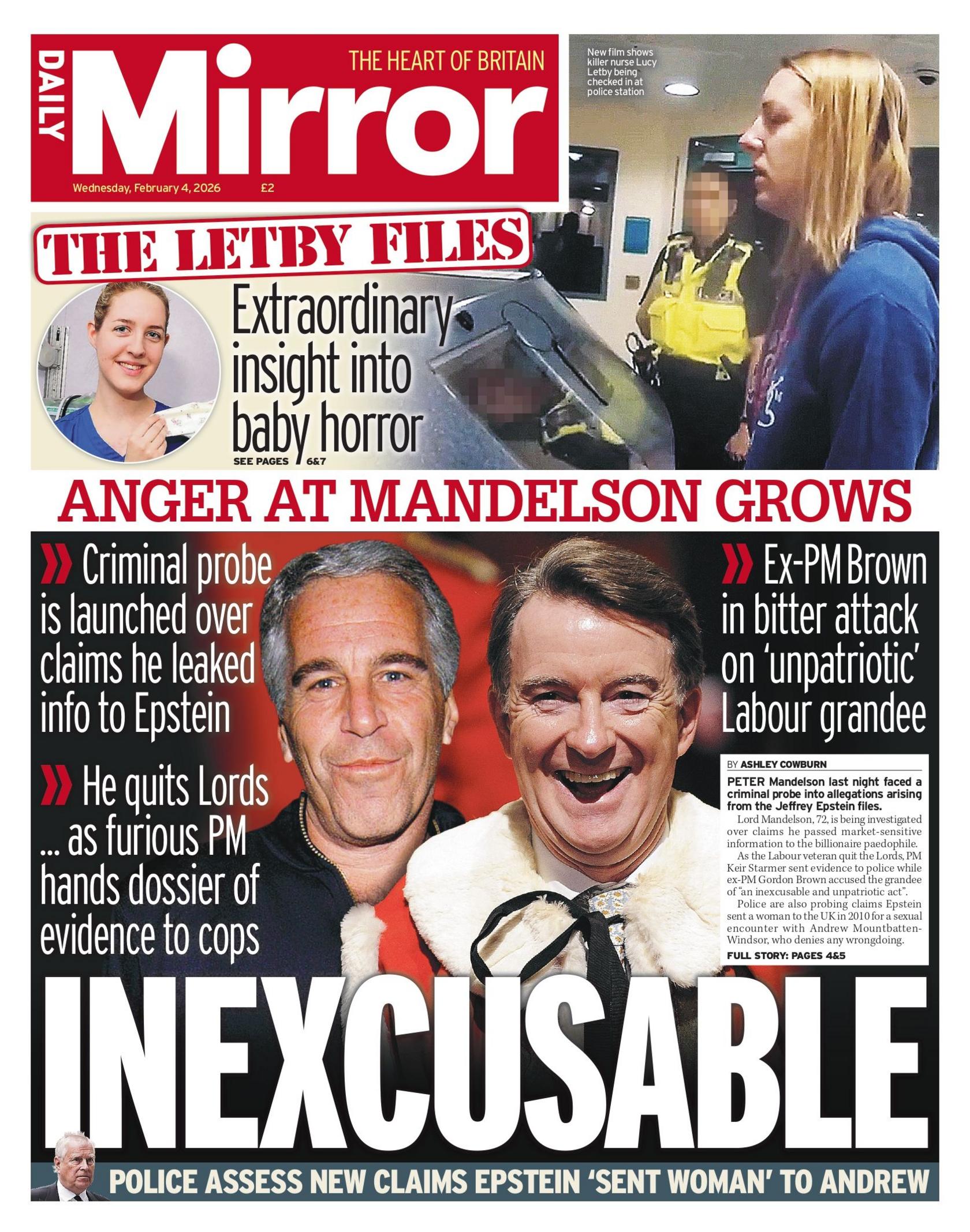 “E pafalshme: Zemërimi ndaj Mandelson rritet”, shkruhet në titullin kryesor në faqen e parë të Daily Mirror.