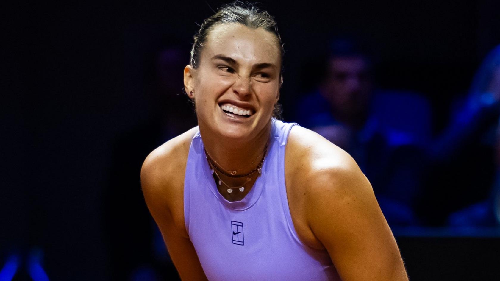 Aryna Sabalenka reacts to losing a point during her Stuttgart Open quarter-final against Elise Mertens