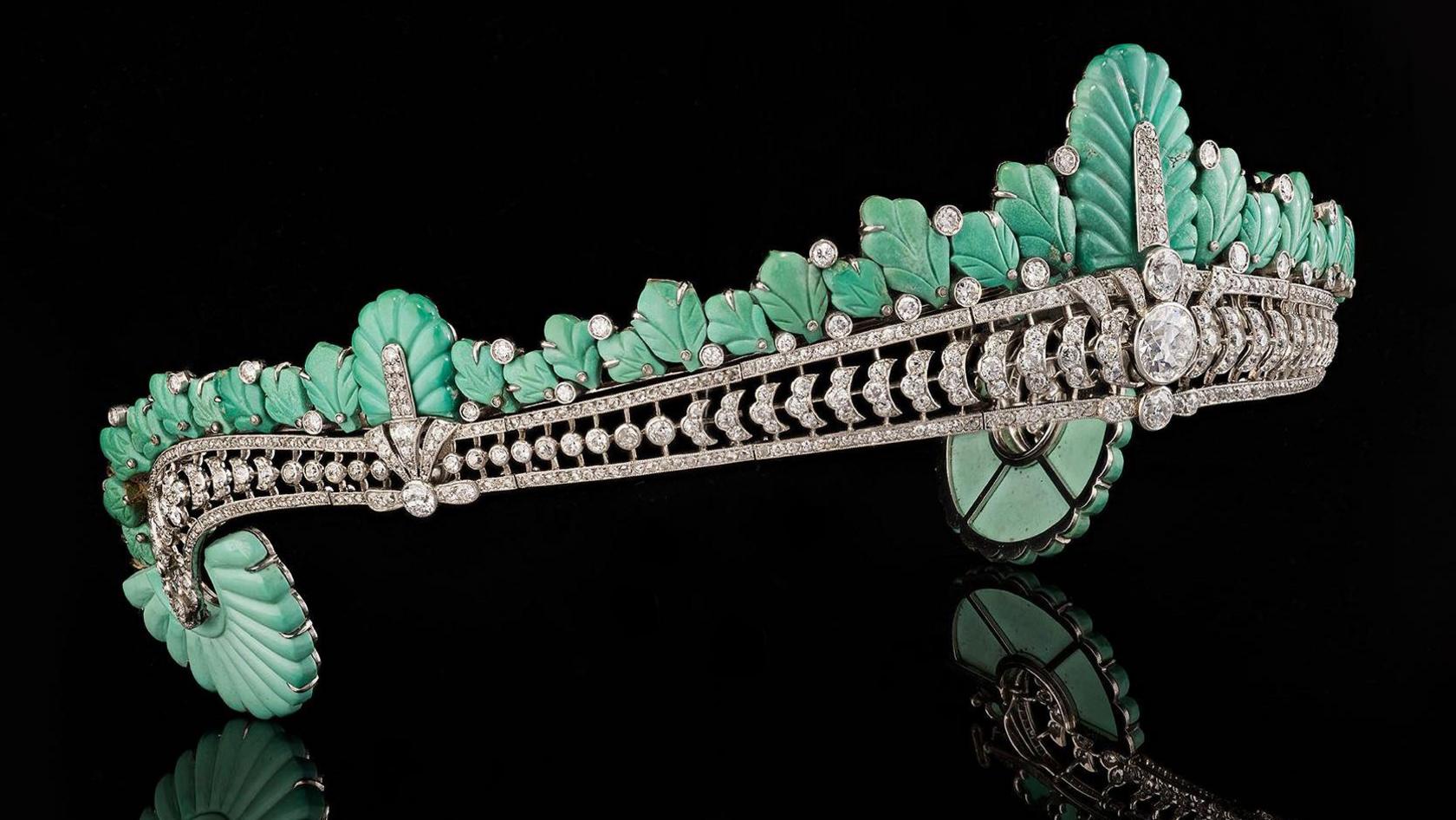 The diamond and turquoise tiara from the side showing its floral patterns and diamonds.