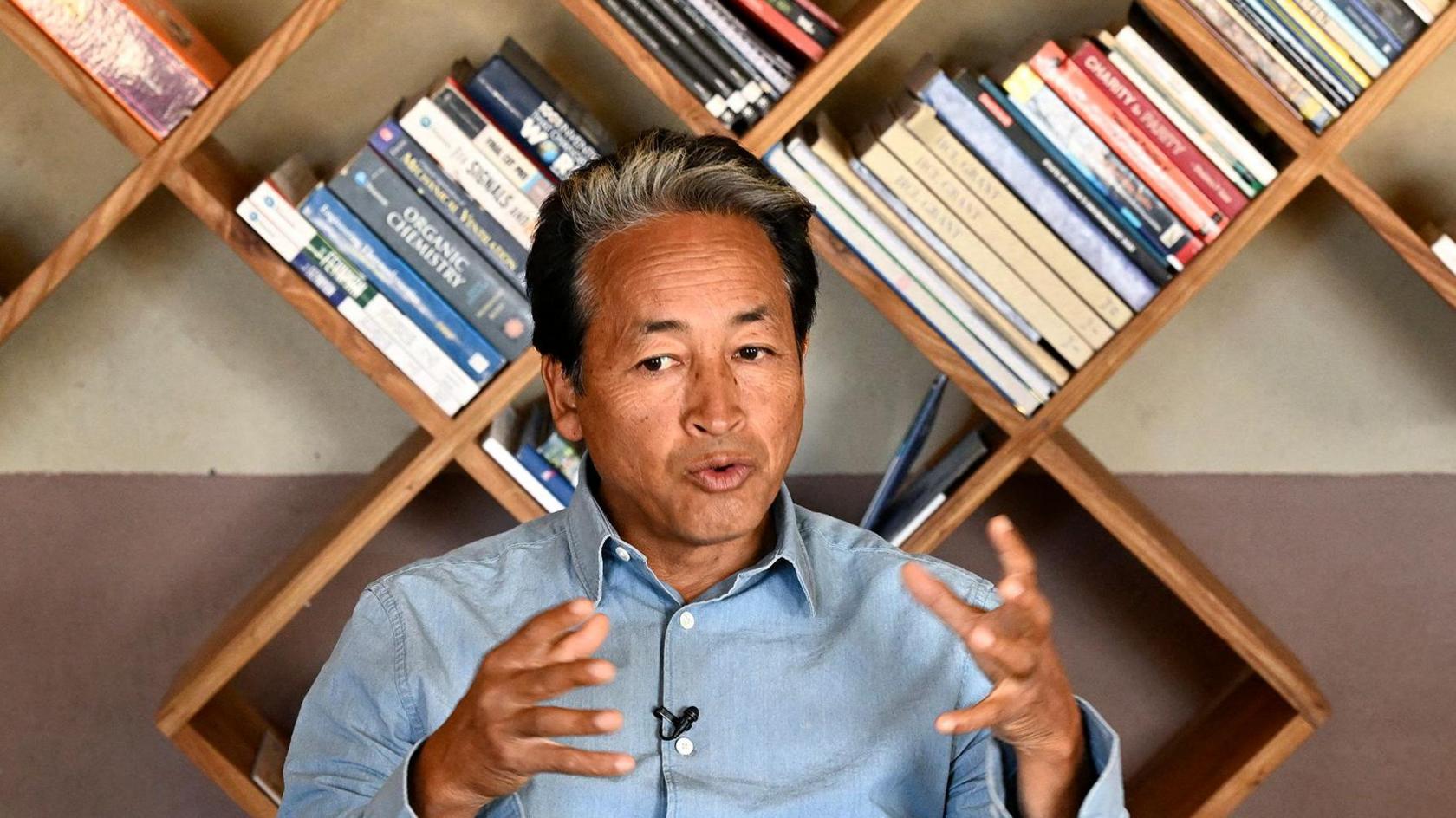 This photograph taken on May 17, 2024 shows Sonam Wangchuk, a Ladakhi environmental activist speaking during an interview with AFP at his office in Leh, summer capital of the country's union territory of Ladakh, during the nation's ongoing general election. Buddhist monks and Muslims in the Indian Himalayan territory of Ladakh turned out to vote on May 20, demanding statehood and that their local culture be protected in the overwhelmingly Hindu nation. (Photo by Tauseef MUSTAFA / AFP) (Photo by TAUSEEF MUSTAFA/AFP via Getty Images)
