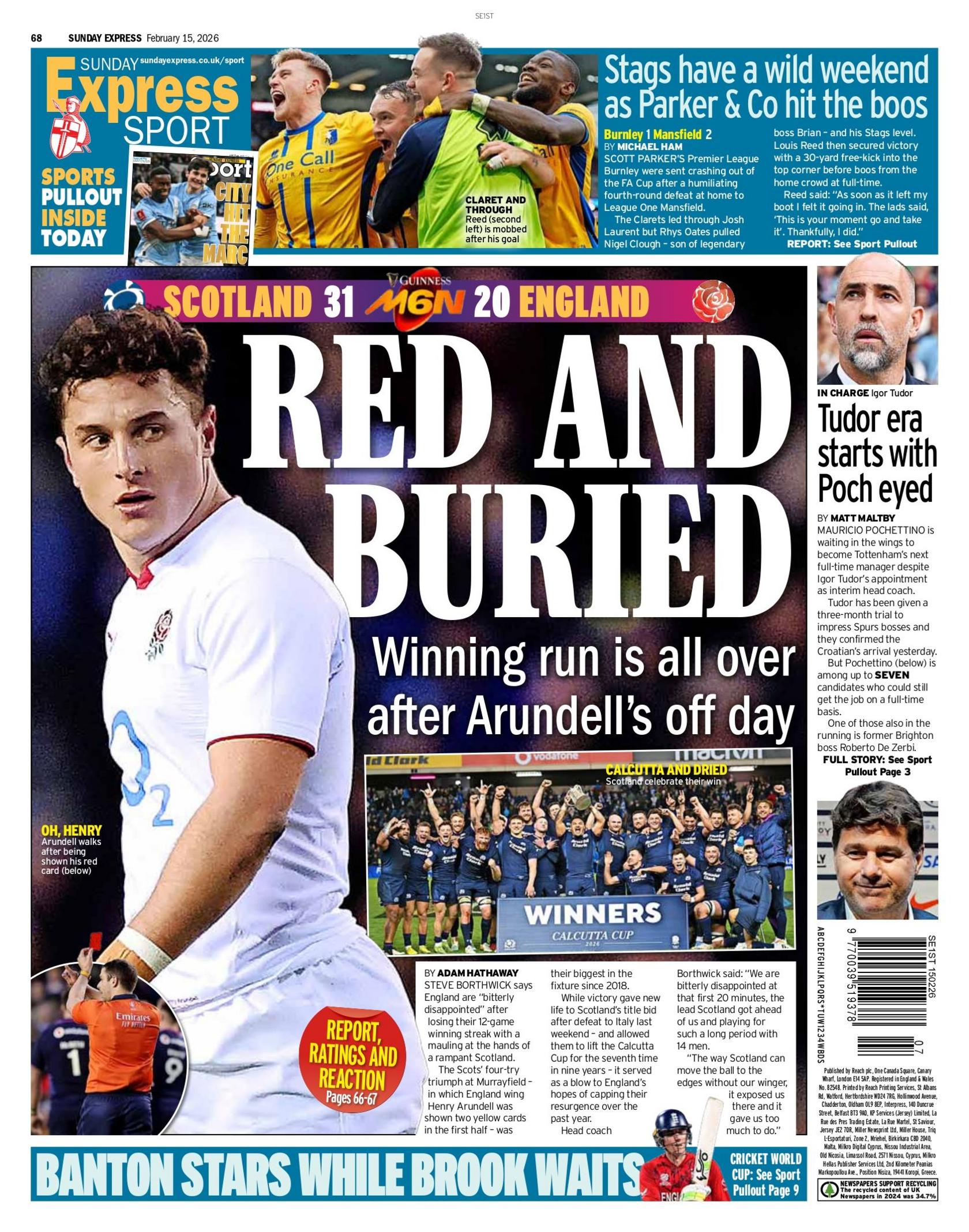 Express back page with the headline "Red and buried" looking at England's Six Nations defeat to Scotland.