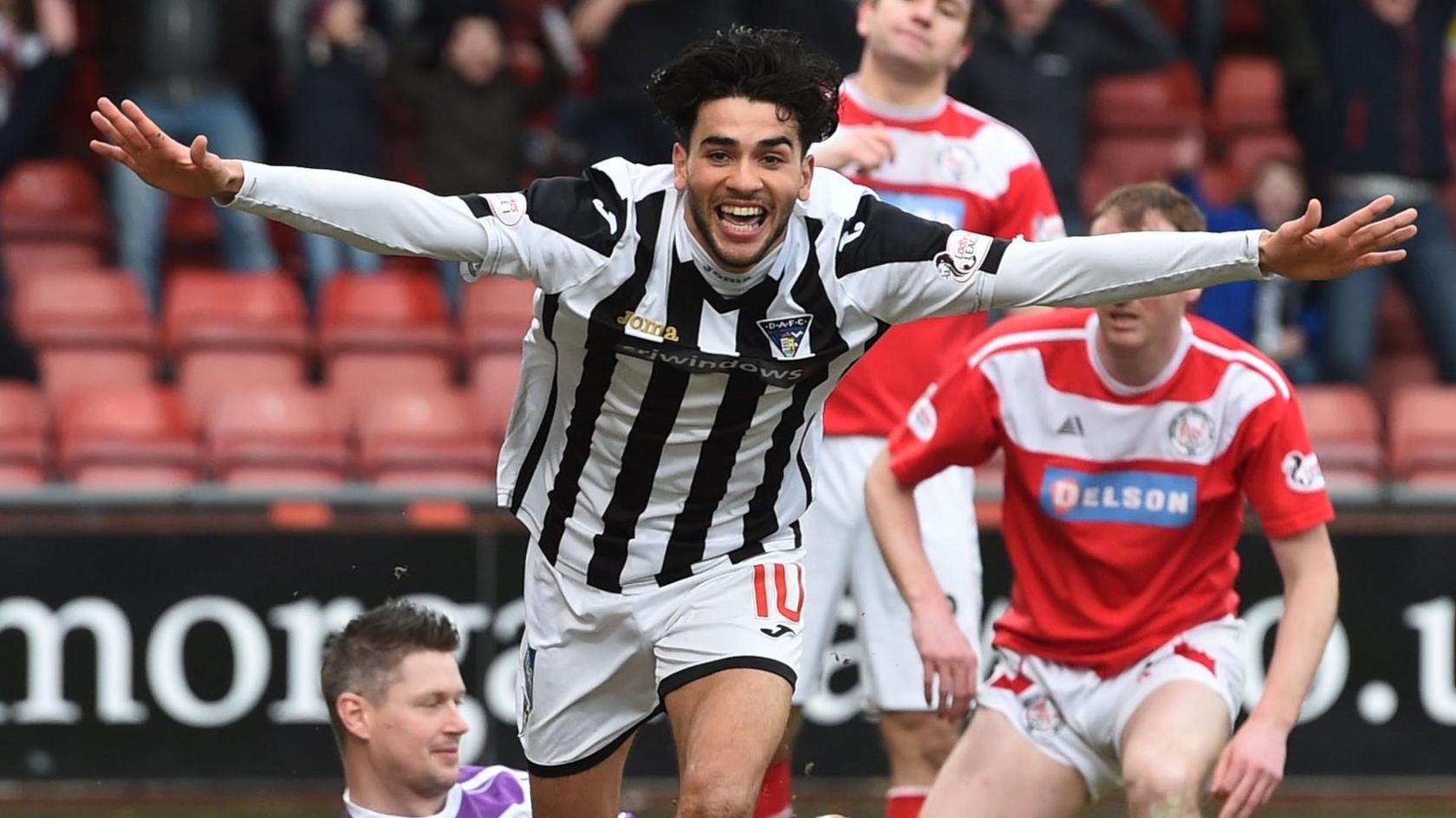 Faissal El Bakhtaoui celebrates after scoring for Dunfermline against Brechin City