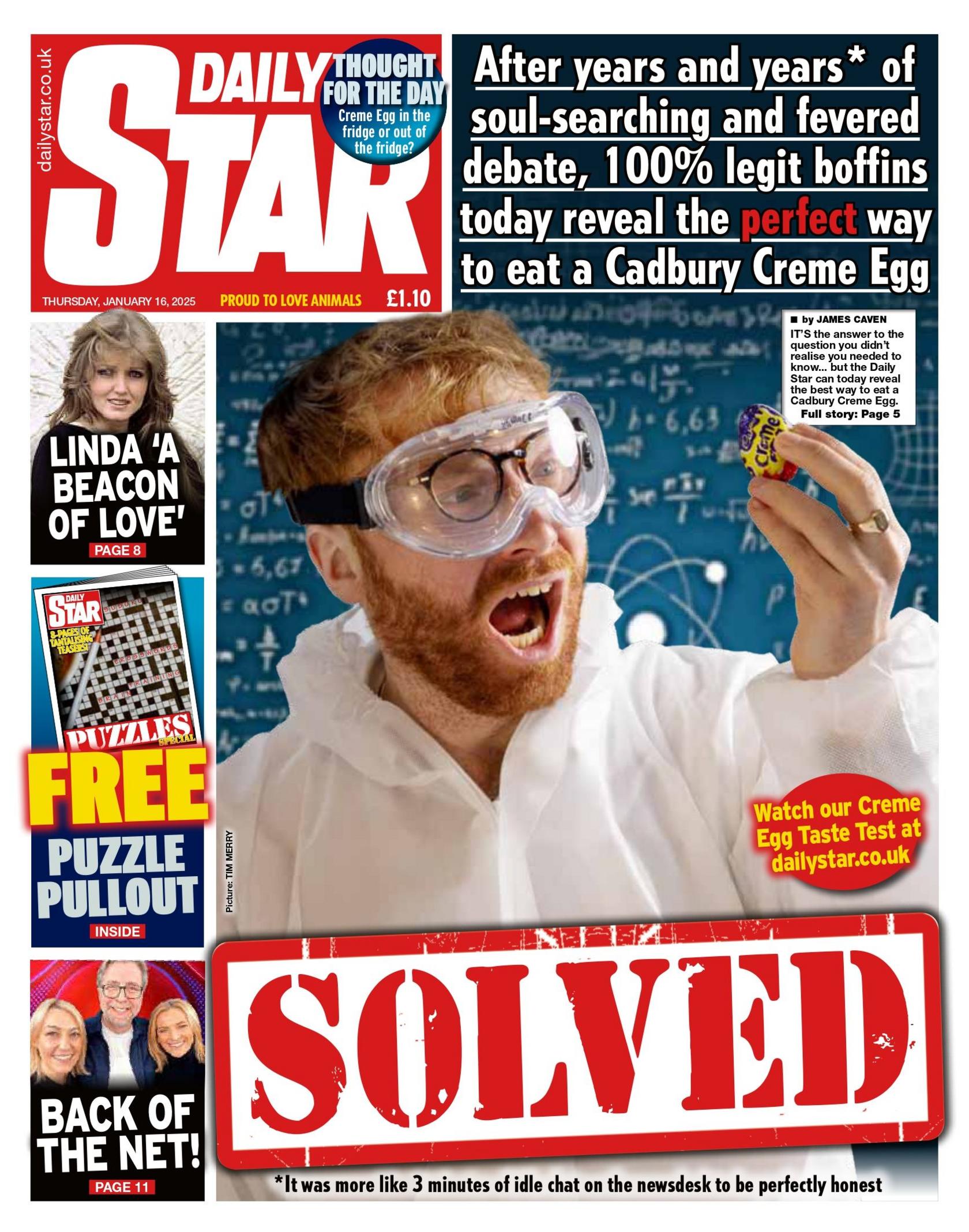 The headline on the front page of the Daily Star reads: "Solved"