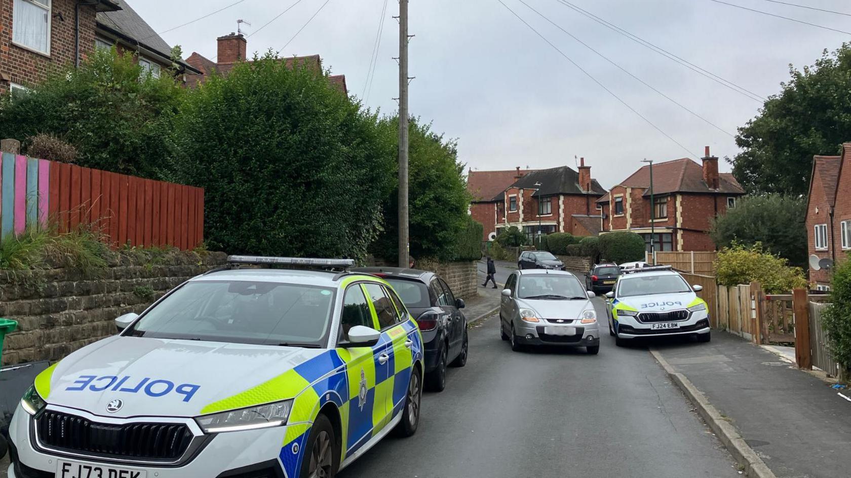 Two police cars parked on Costock Avenue in Sherwood, Nottingham, a residential street with houses on either side.