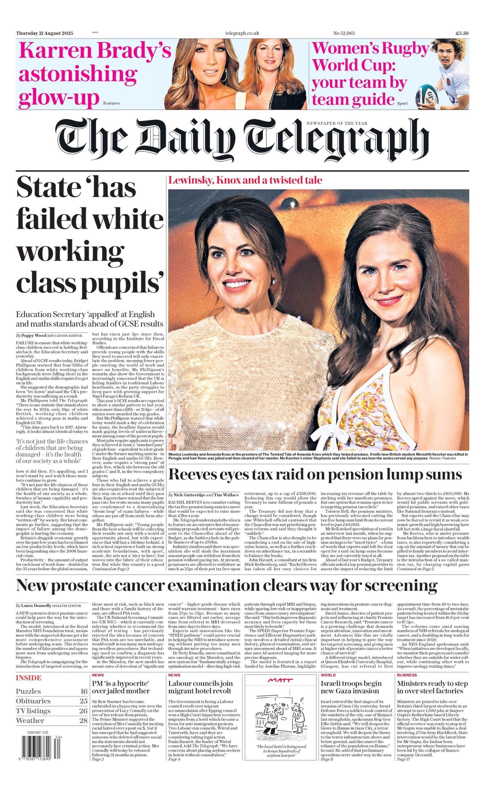"State 'has failed working class pupils'," reads the headline on the front page of The Daily Telegraph.