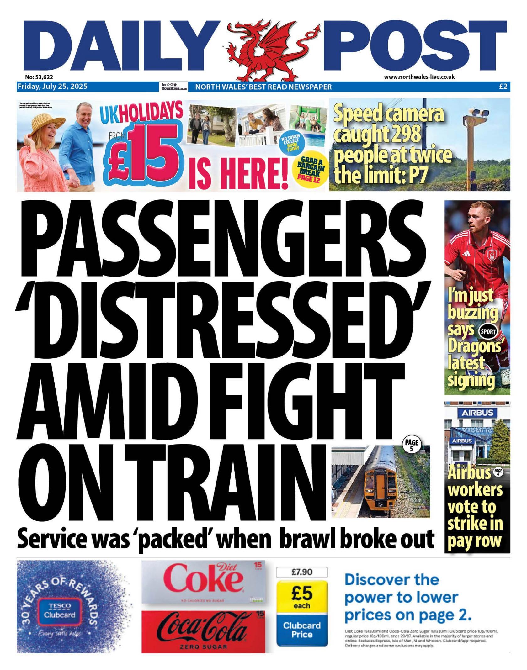 Main headline: Passengers 'distressed' amid fight on train. Other headline: Service was 'packed' when brawl broke out. Headline sits next to a photo of stationary train.