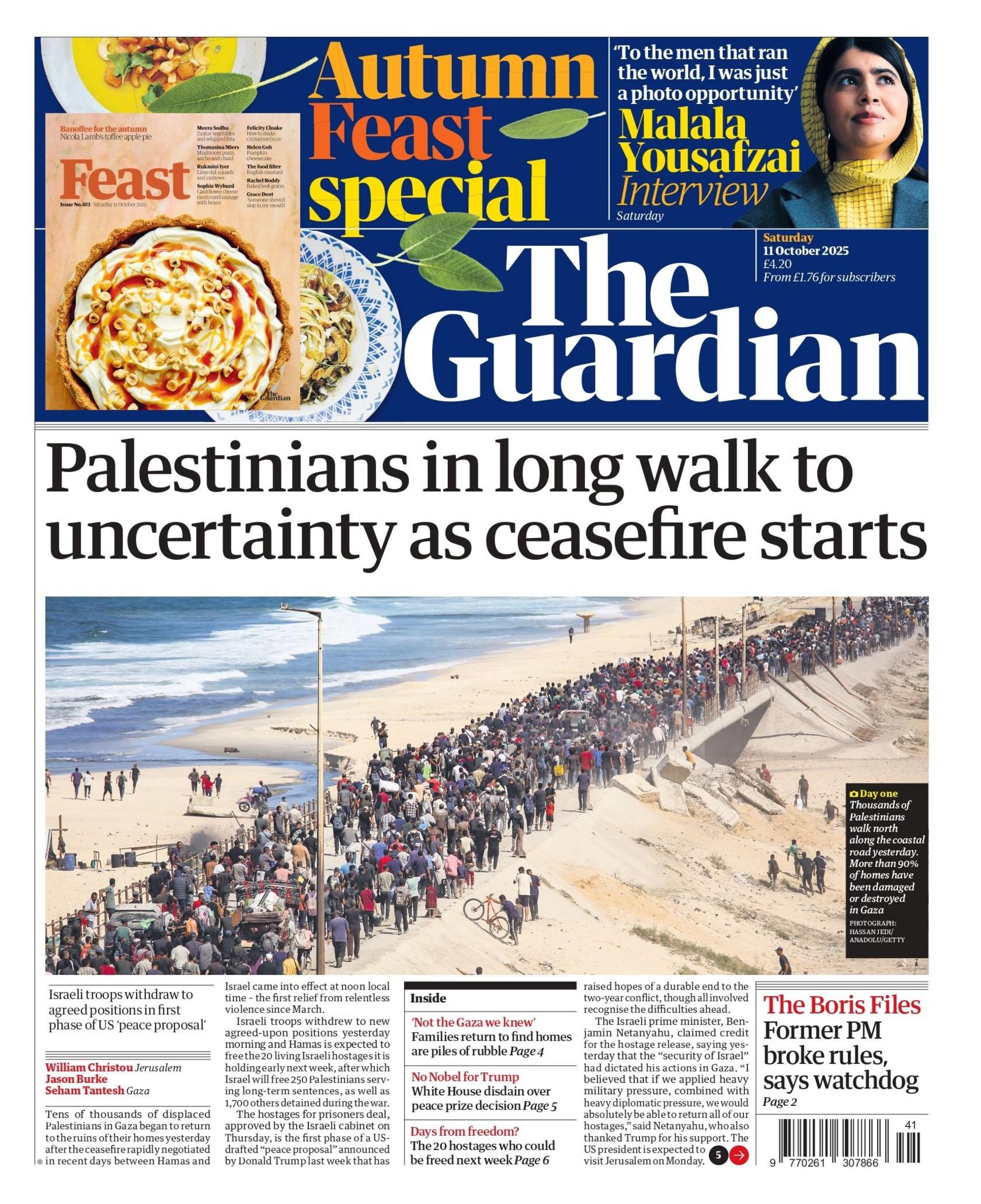 The headline on the front page of the Guardian reads: "Palestinians in long walk to uncertainty as ceasefire starts."