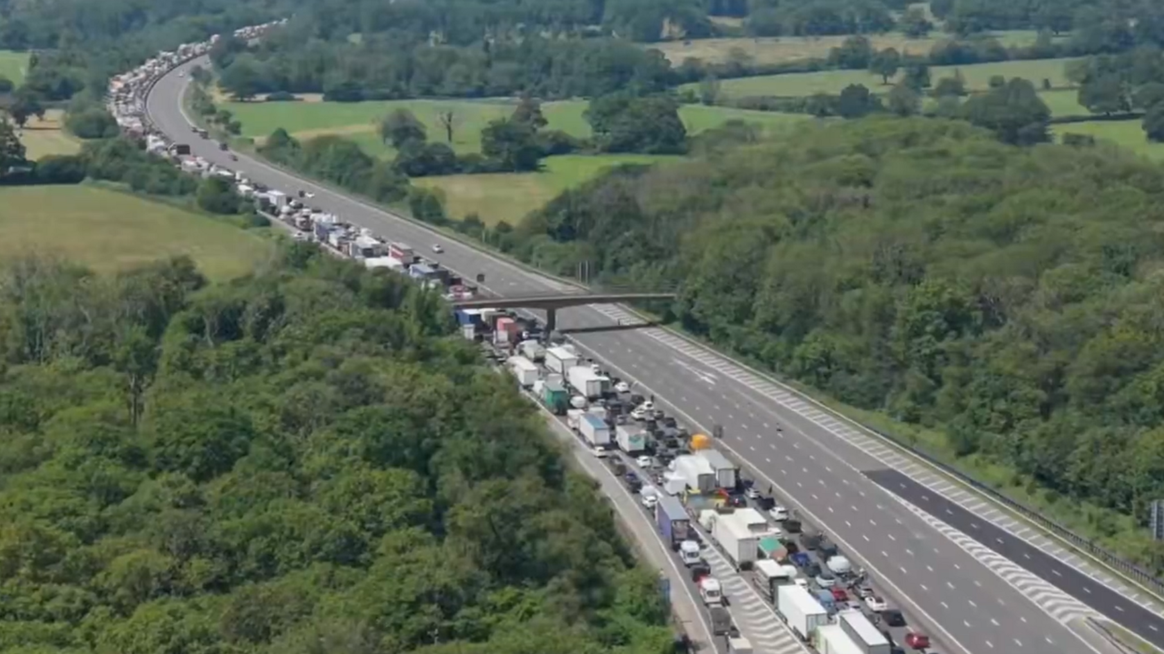 An aerial shot of queuing on the M25.