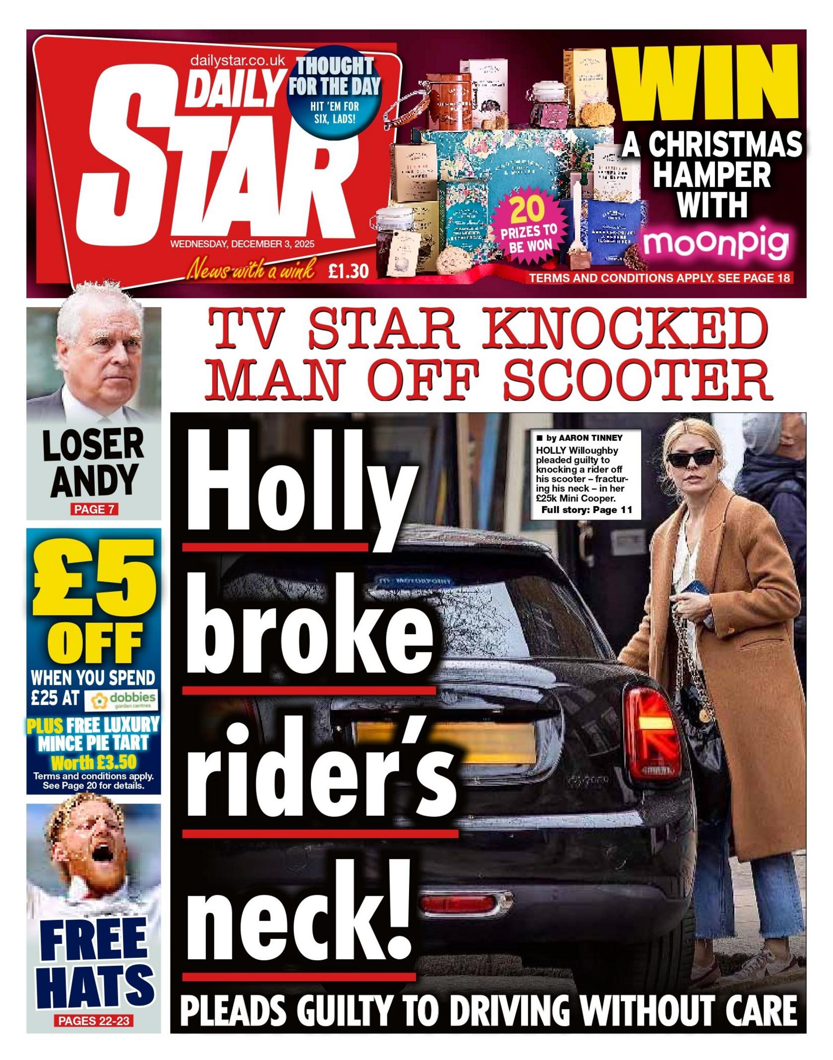 "Holly broke rider's neck!" reads the headline on the front page of the Daily Star.