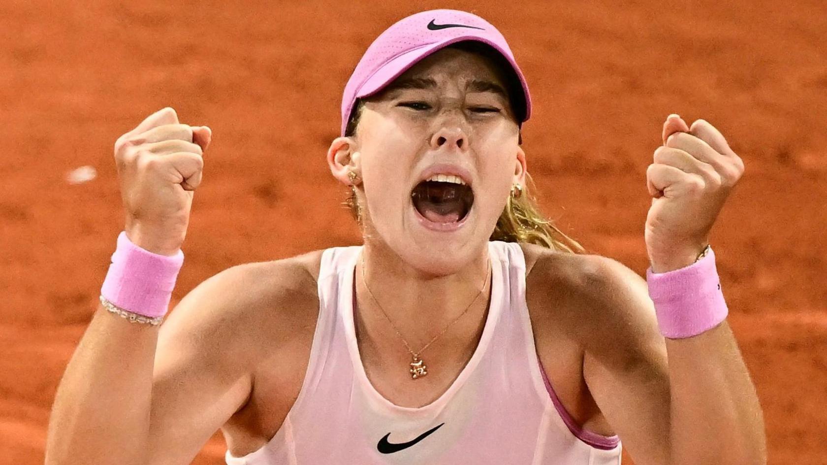 Mirra Andreeva celebrates reaching the French Open final
