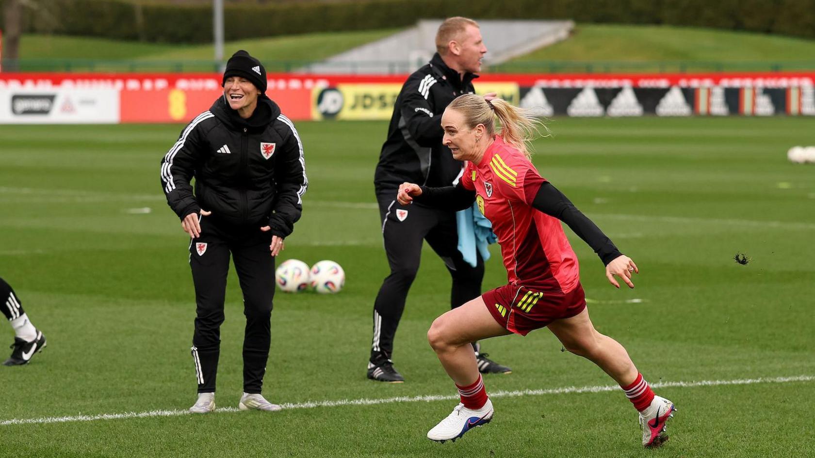 Jess Fishlock and Rhiannon Roberts during Wales training 