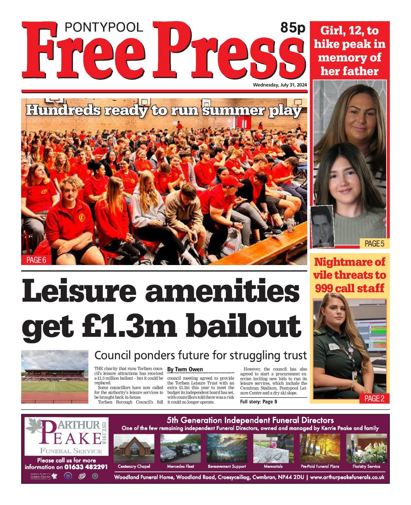 Front page of the Pontypool Free  Press